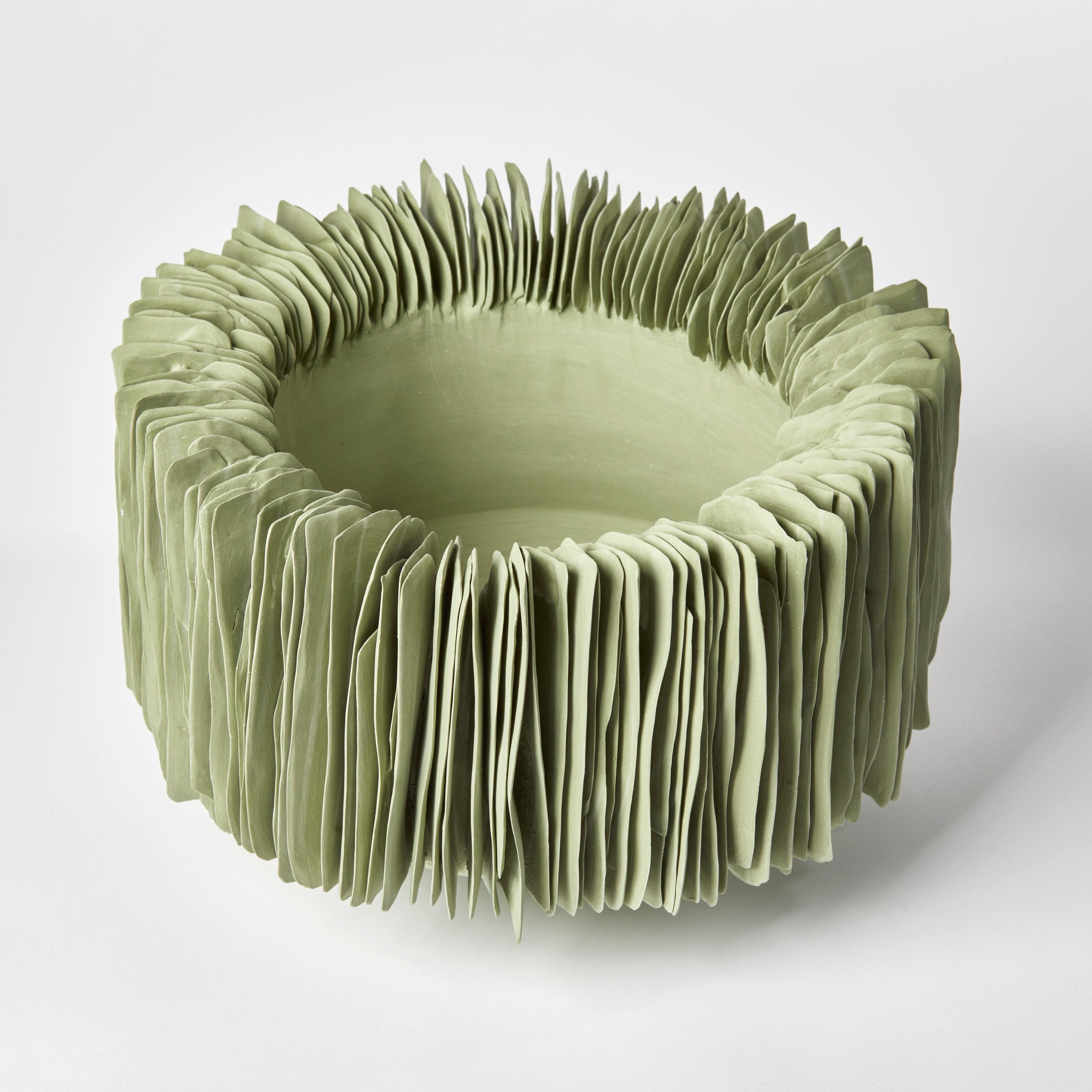 Organic Modern Wide Vertical Bowl in Olive Green, Ridged Porcelain Sculpture by Olivia Walker