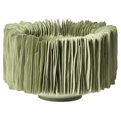 Wide Vertical Bowl in Olive Green, Ridged Porcelain Sculpture by Olivia Walker