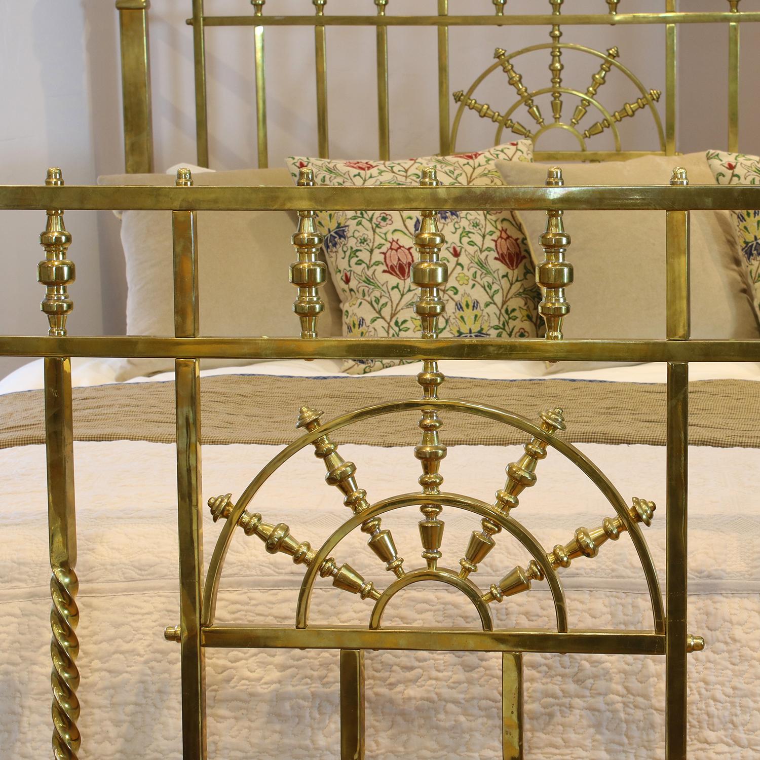 A superb top quality all brass Victorian antique bed with square-section brass tubing, barley twist elaboration, substantial brass sectioned posts, decorative brass castings and sunburst design in head and foot panels. This is one of the finest