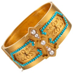 Wide Victorian Turquoise Pearl 18 Carat Gold Bangle