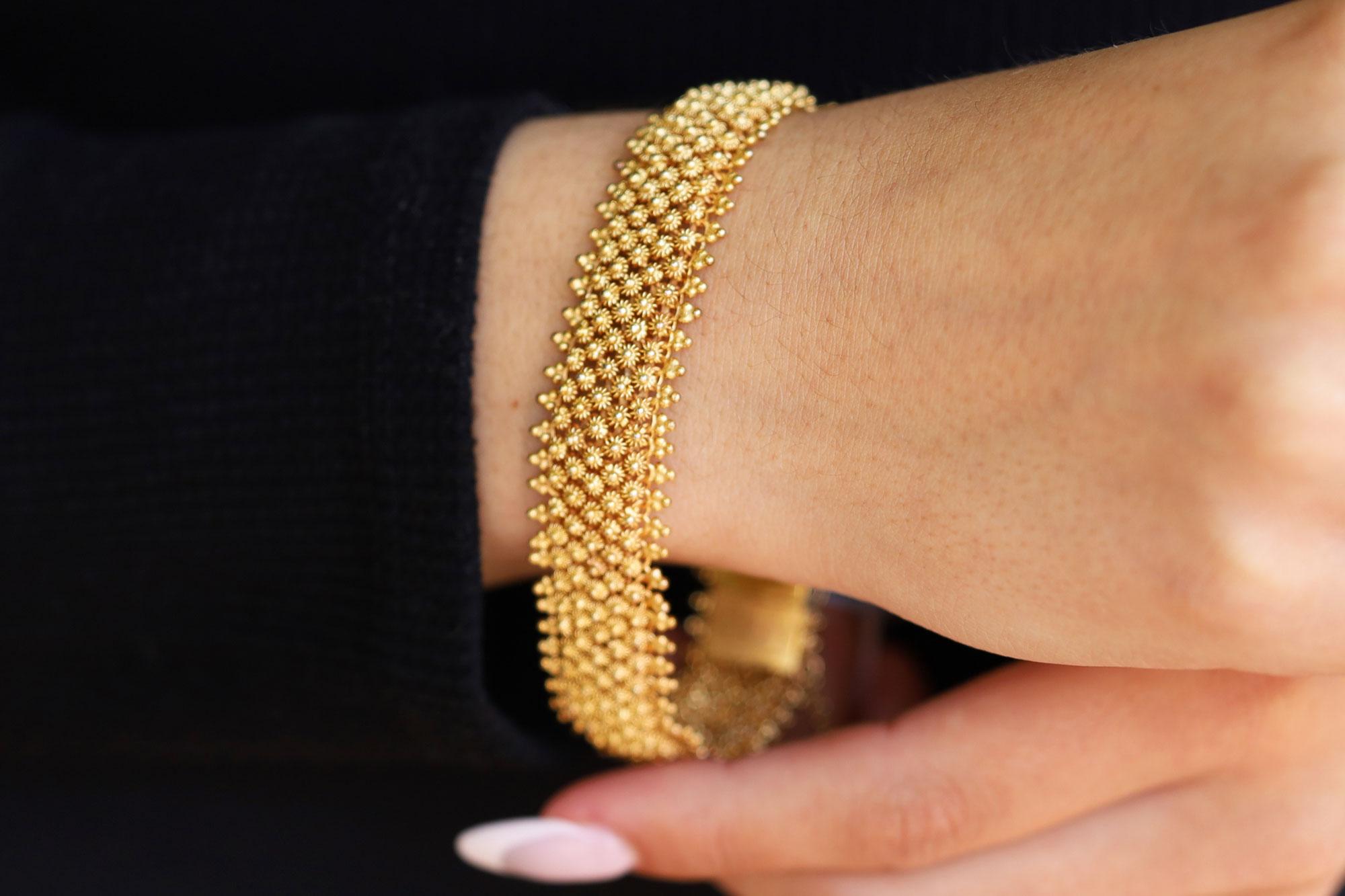 Wide Victorian Yellow Gold Cannetille Mesh Bracelet For Sale 1