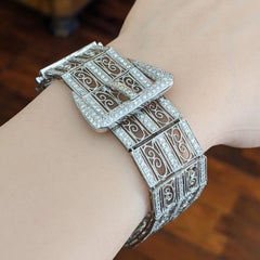 Wide Vintage 18k White Gold Diamond Buckle Bracelet, 3.80 Carats