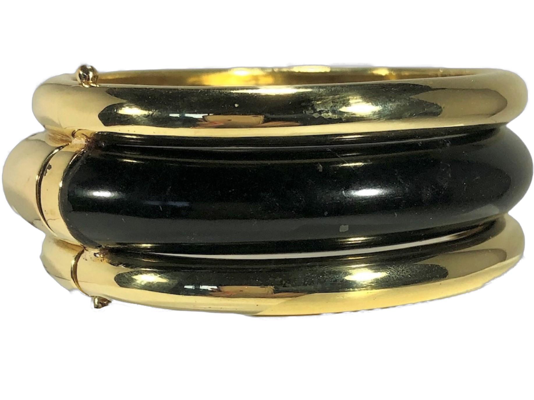 Women's Wide Vintage 18k Yellow Gold and Black Jade Bombe Bangle Bracelet