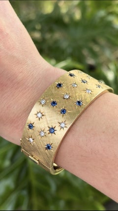 Wide Vintage Retro Diamond & Sapphire Gold Bangle Bracelet