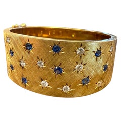 Wide Vintage Retro Diamond & Sapphire Gold Bangle Bracelet