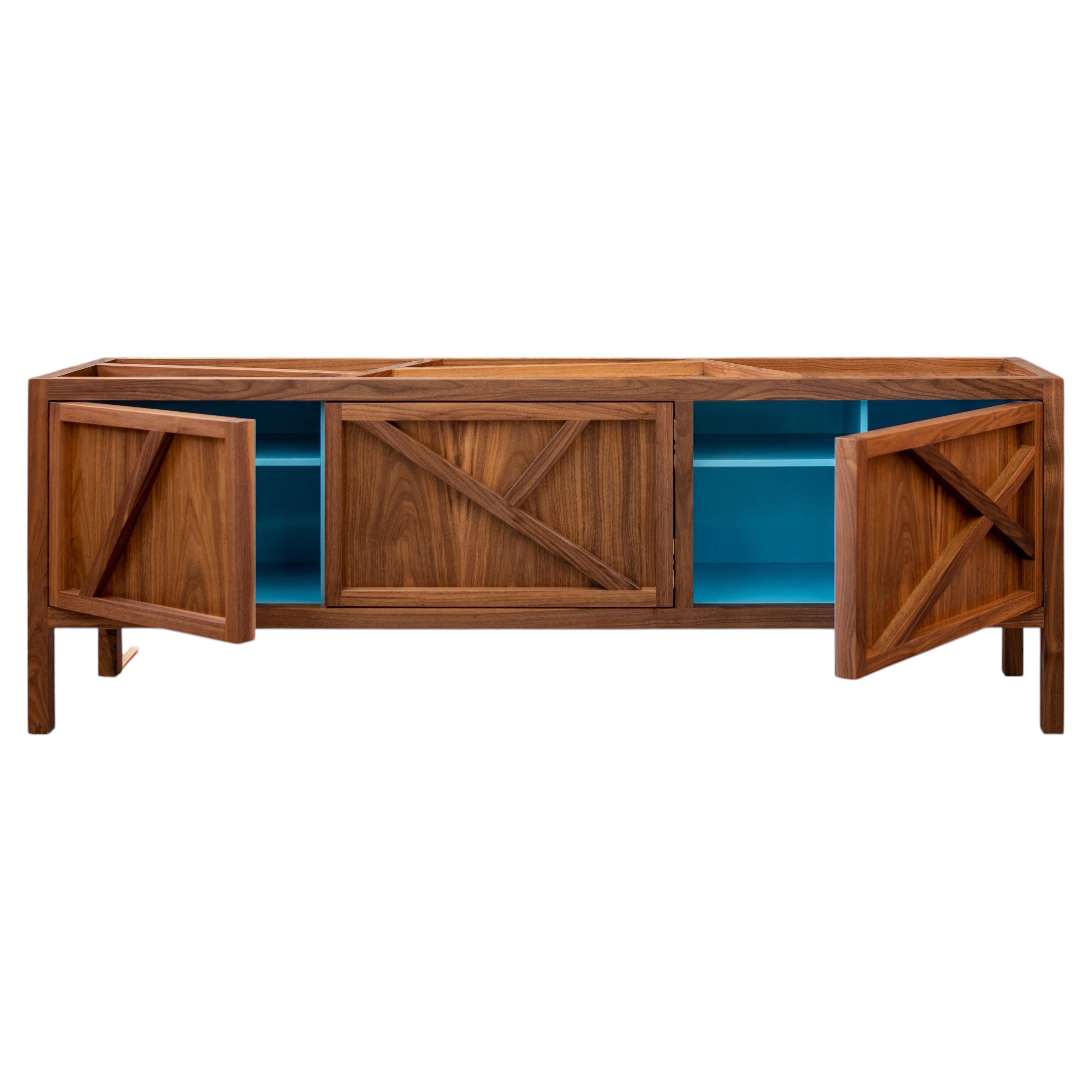 Wide Walnut Credenza with Cerulean Lacquer Interior — Low Modern Sideboard, Hand For Sale