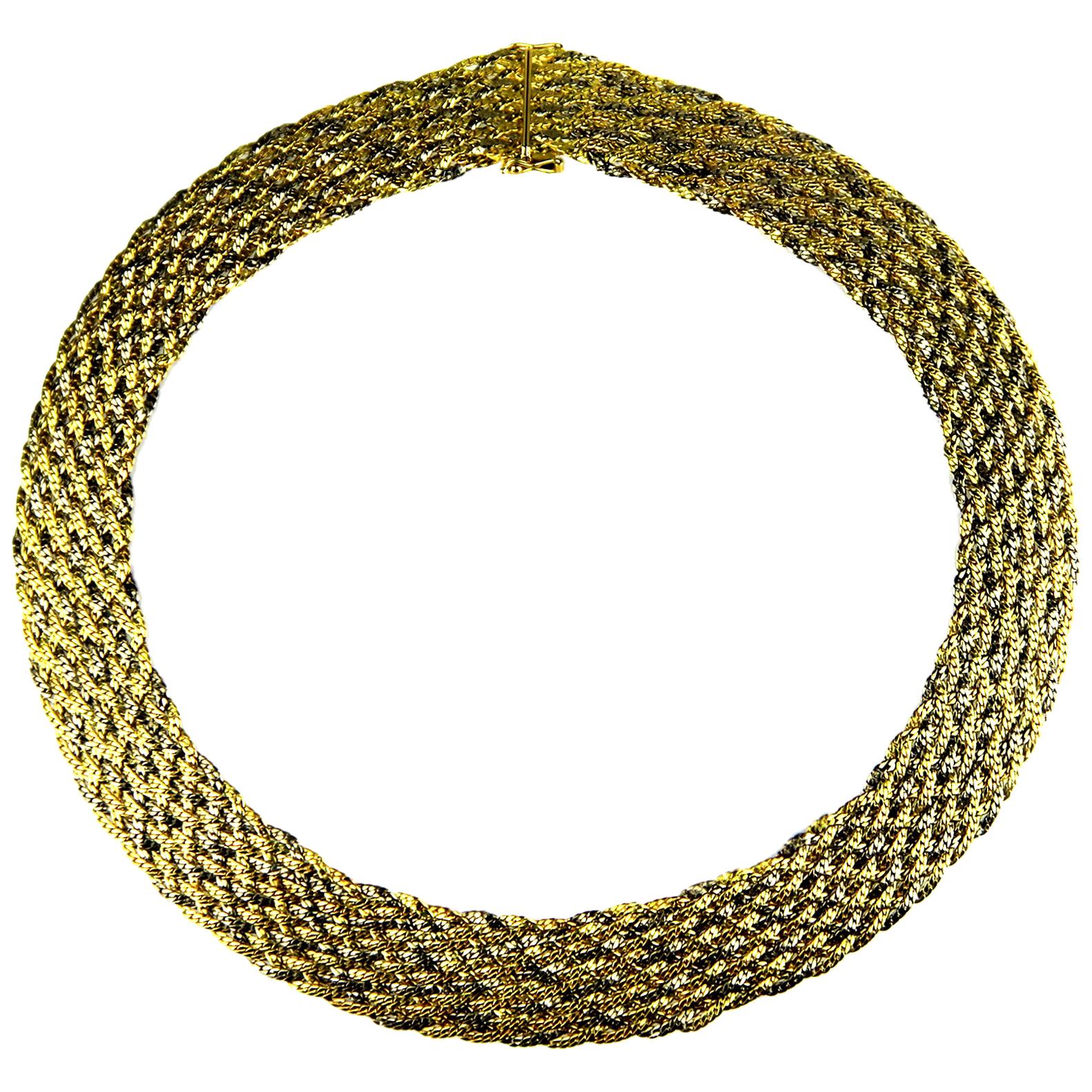 Vintage, Retro, Wide Flat Weave Necklace with Yellow, White, Rose Gold in 18K