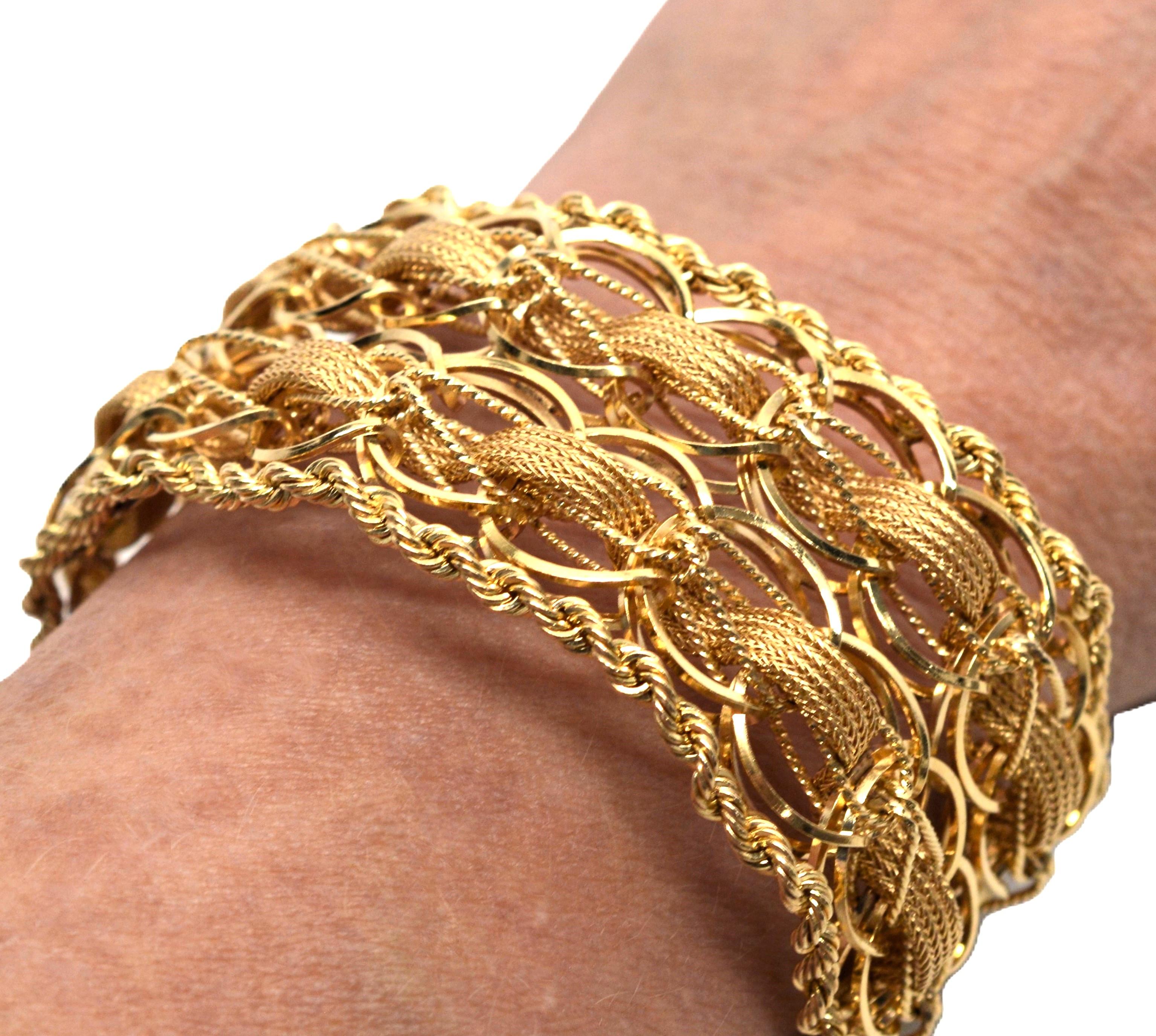 Bracelet large tissé à double chaîne en or jaune 14 carats en vente 6