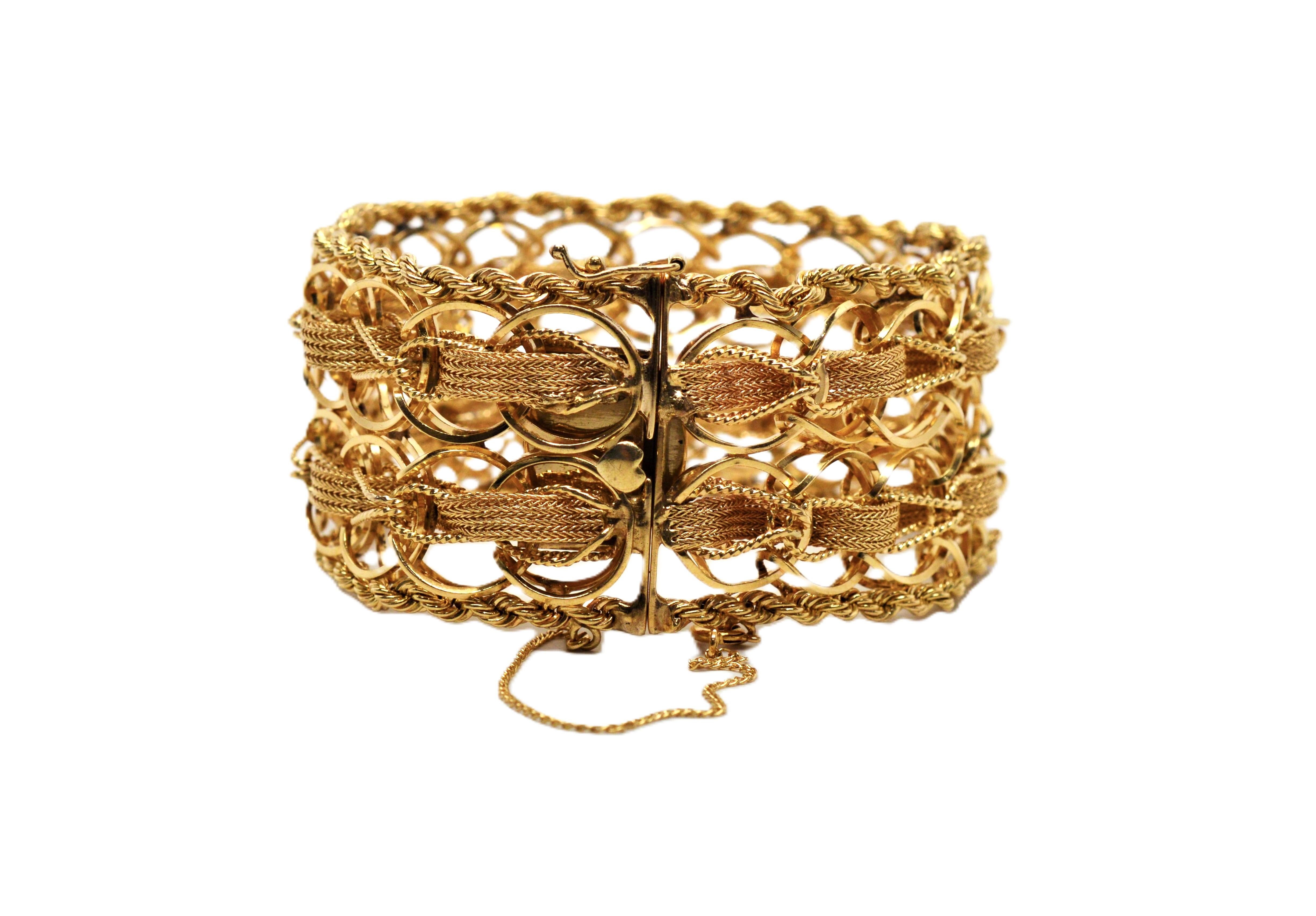 Bracelet large tissé à double chaîne en or jaune 14 carats Excellent état - En vente à Mount Kisco, NY