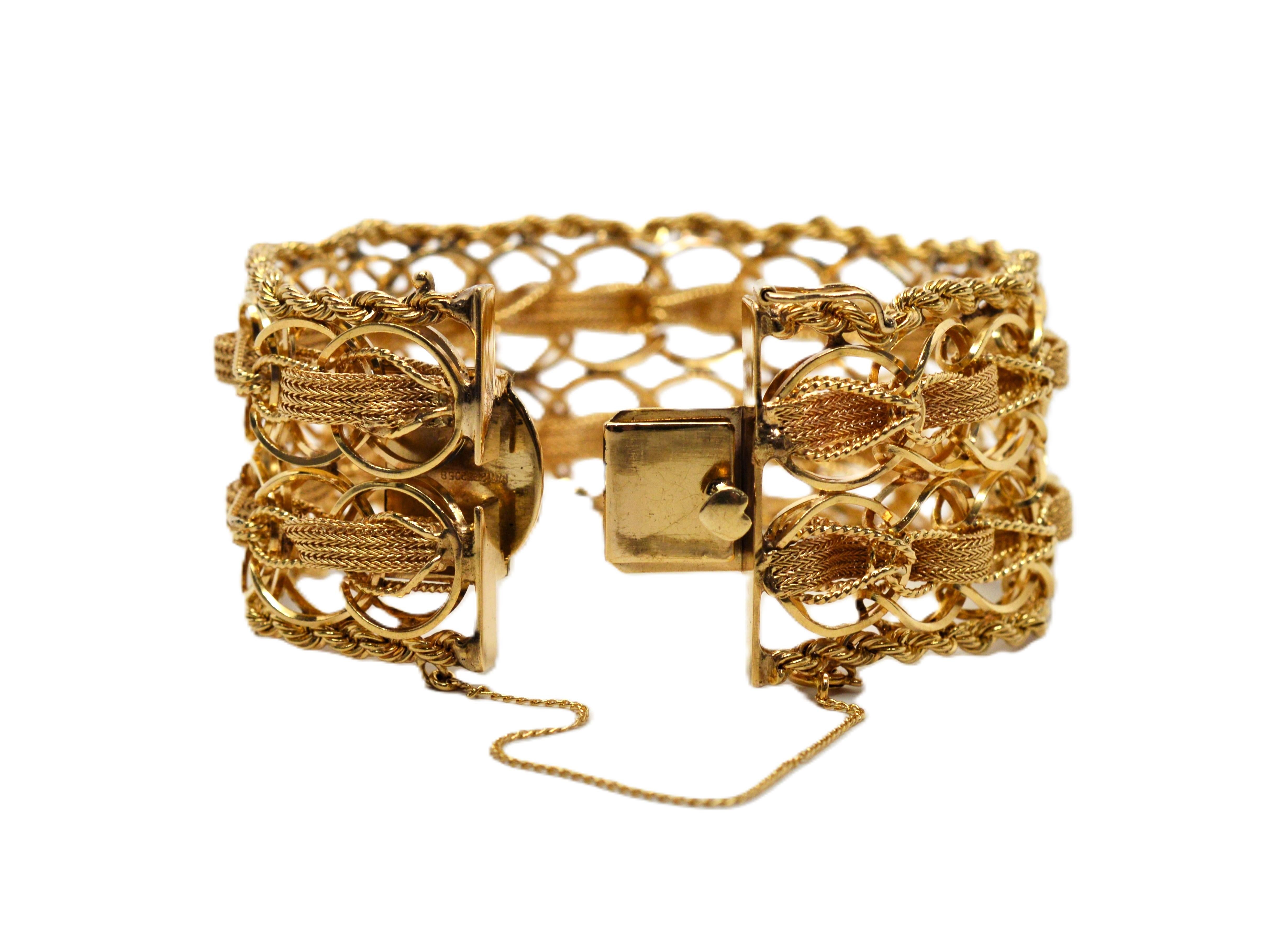Bracelet large tissé à double chaîne en or jaune 14 carats en vente 2
