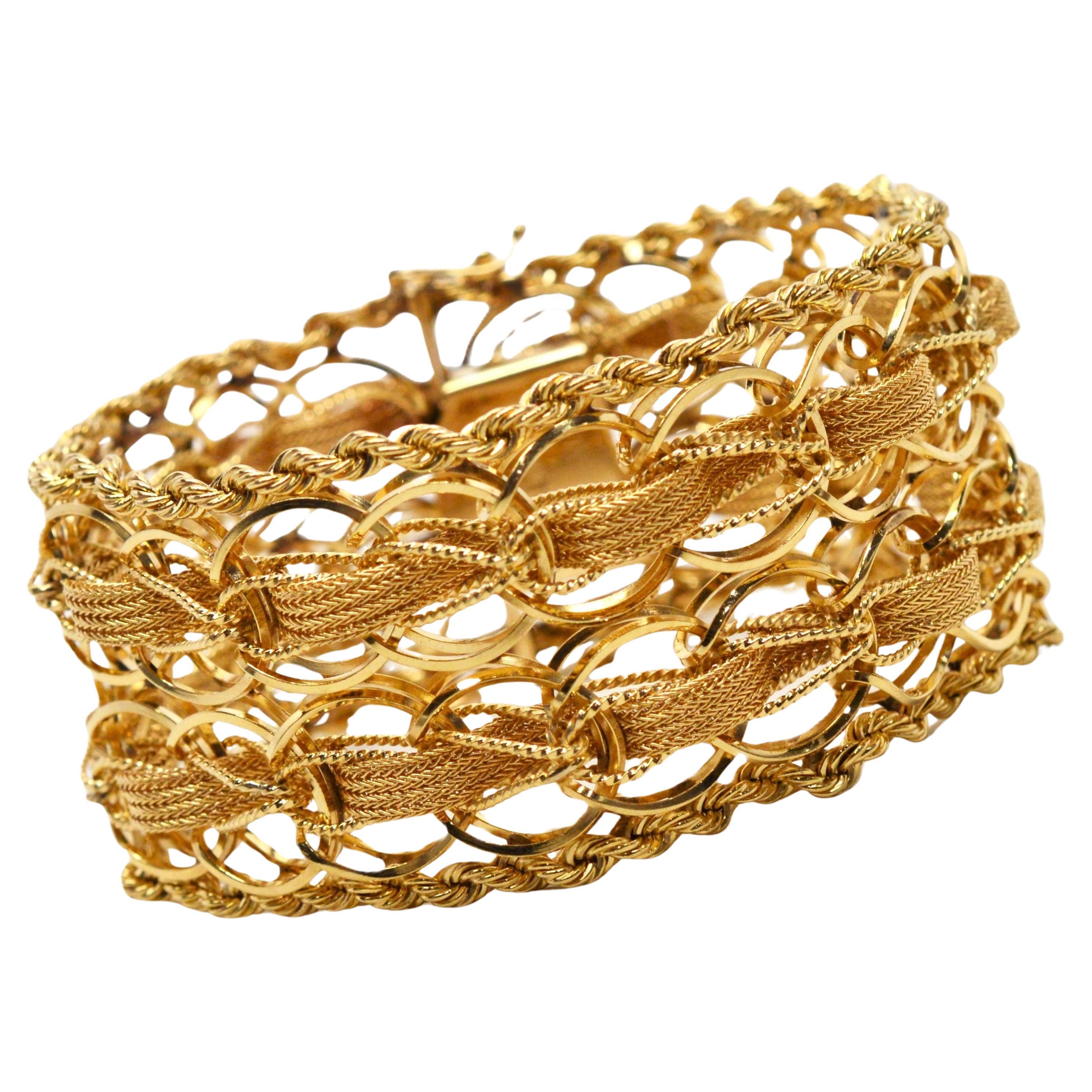 Bracelet large tissé à double chaîne en or jaune 14 carats
