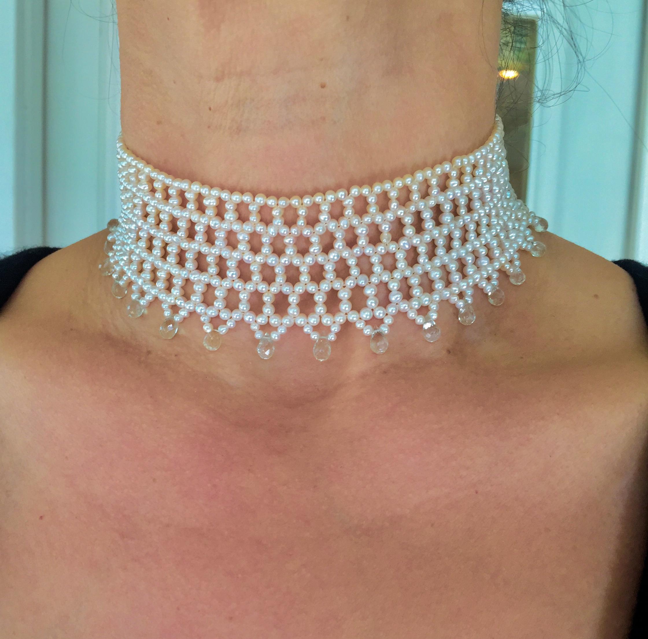 Wide Woven Pearl Choker with Green Amethyst Briolettes and Sliding Clasp 4