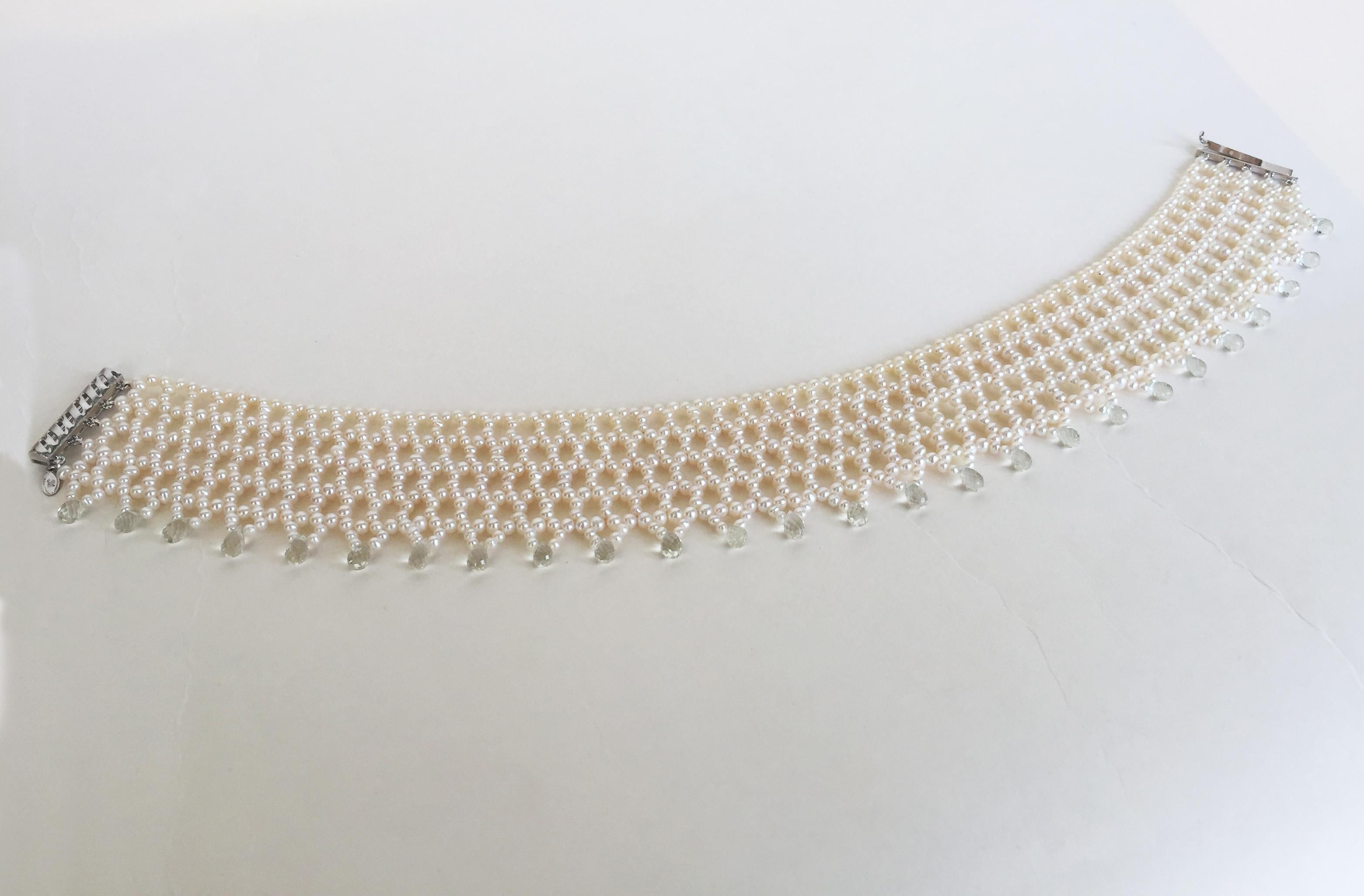 Wide Woven Pearl Choker with Green Amethyst Briolettes and Sliding Clasp In New Condition In Los Angeles, CA