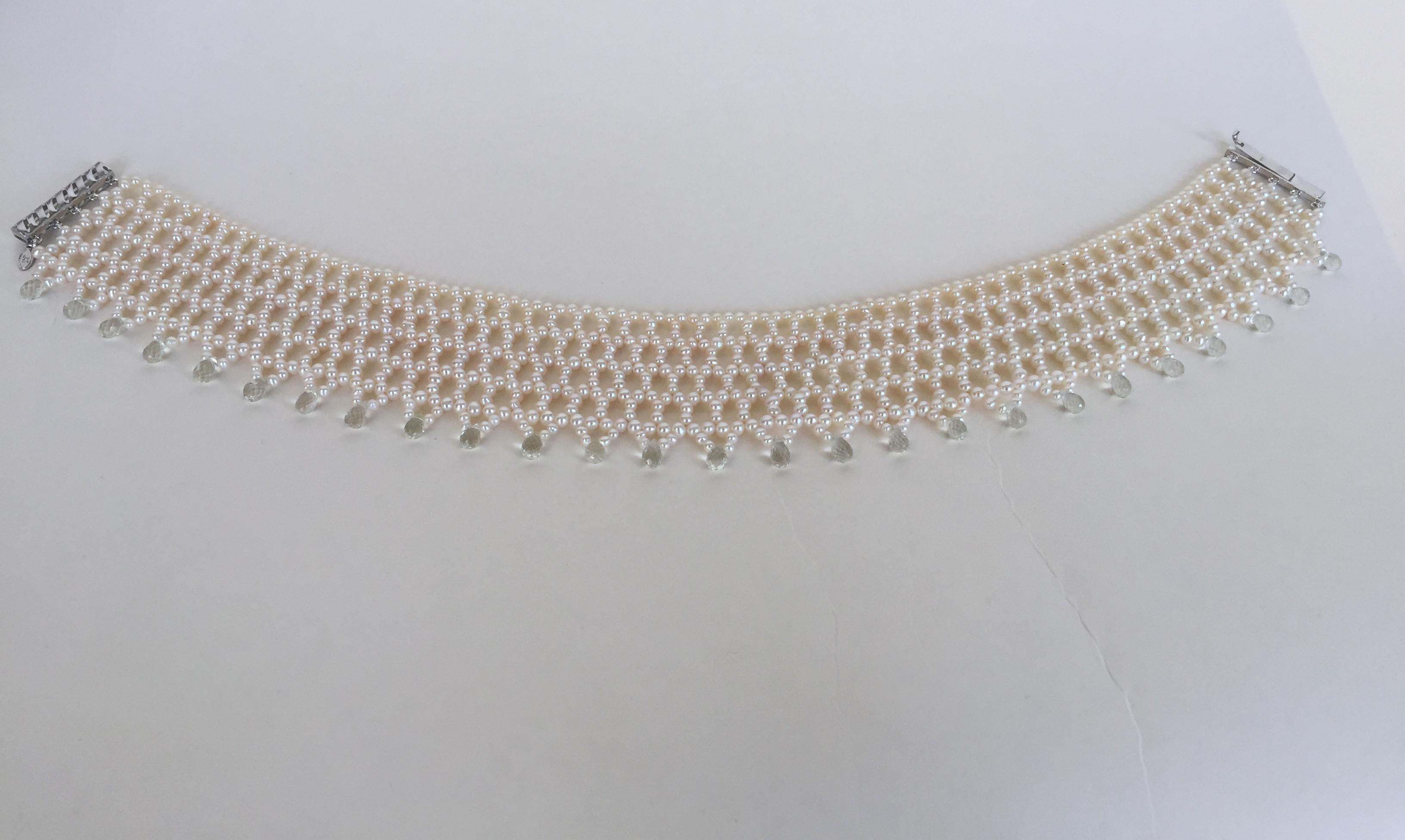 Women's Wide Woven Pearl Choker with Green Amethyst Briolettes and Sliding Clasp
