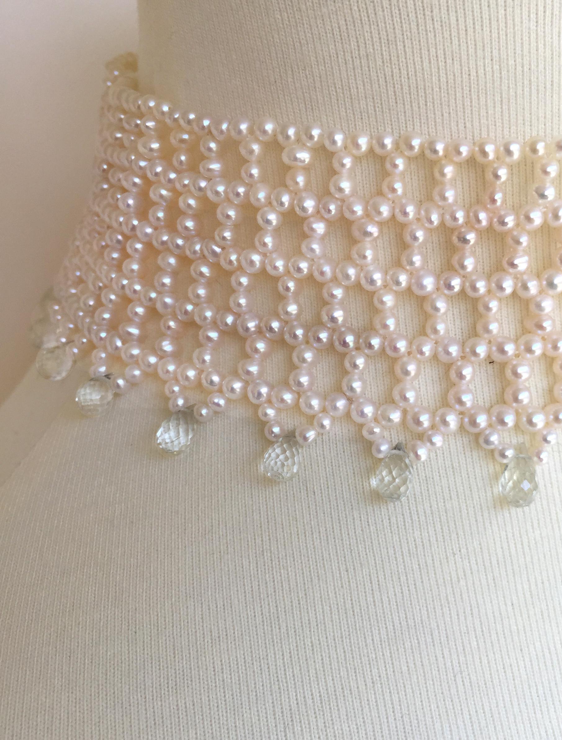 Wide Woven Pearl Choker with Green Amethyst Briolettes and Sliding Clasp 1