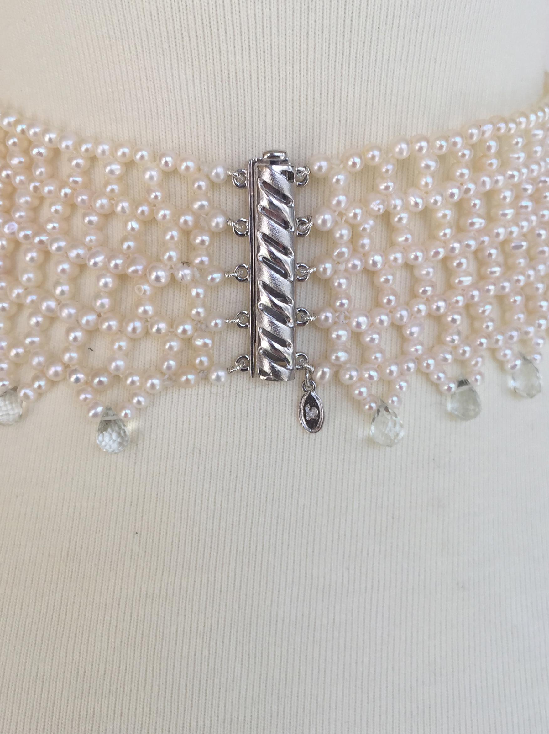 Wide Woven Pearl Choker with Green Amethyst Briolettes and Sliding Clasp 2