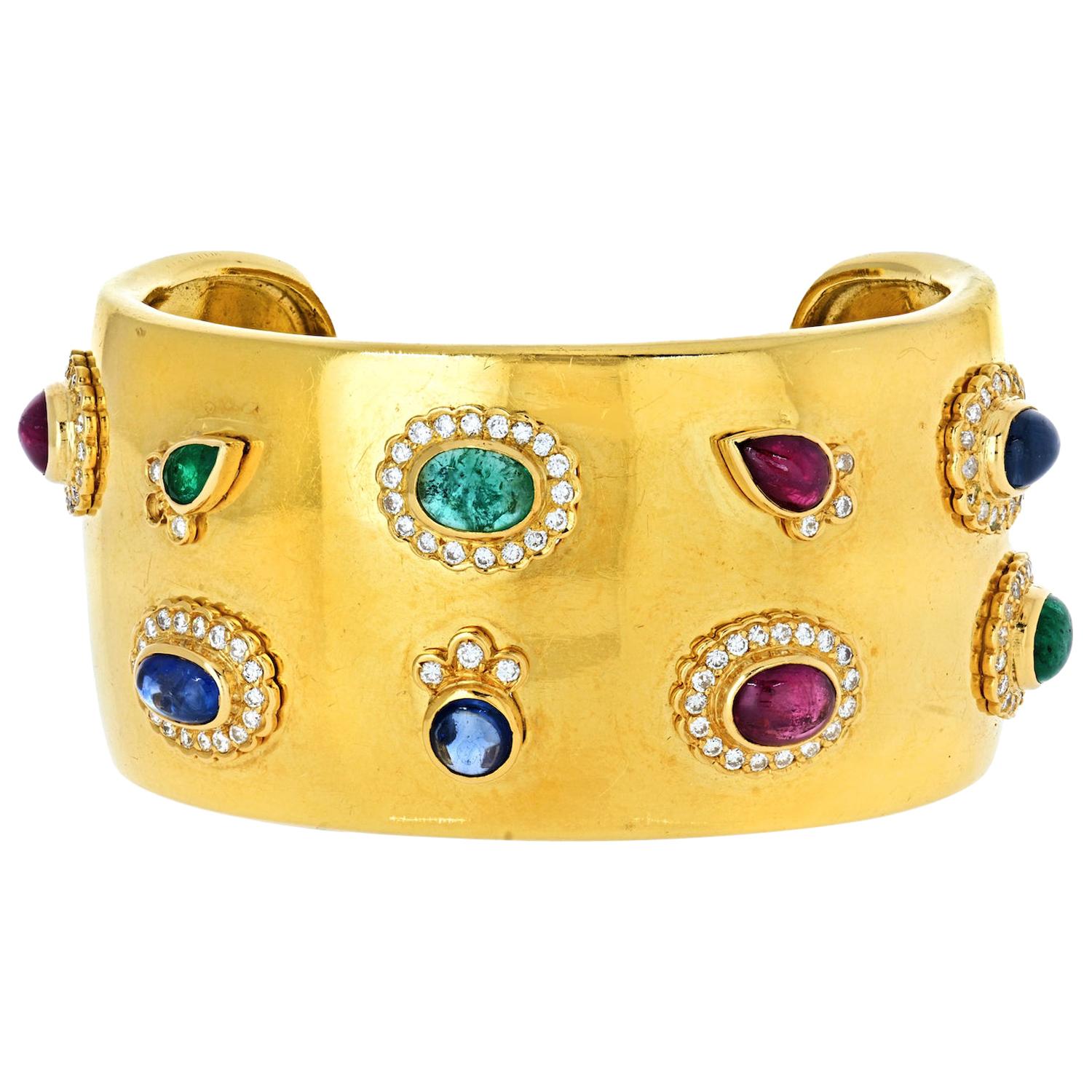 Wide Yellow Gold Gemstone Cuff Bangle Bracelet 18 Karat
