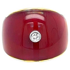 Wide Yellow Gold Ring with Diamond Solitaire in Carnelian Inlay