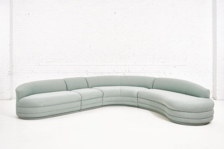4 piece curved biomorphic sectional sofa, 1988. Designed by Weiman Furniture. Original blue/green fabric is in great condition.
