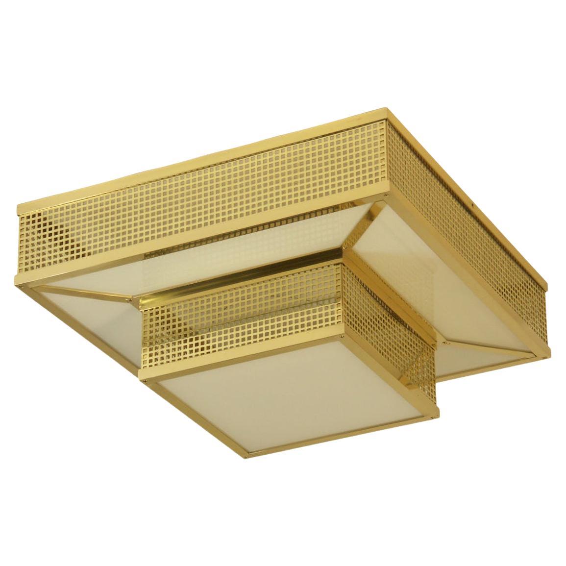 Wiener Werkstaette Brass & Glass Ceiling Lamp, Flush Mount, Re-Edition