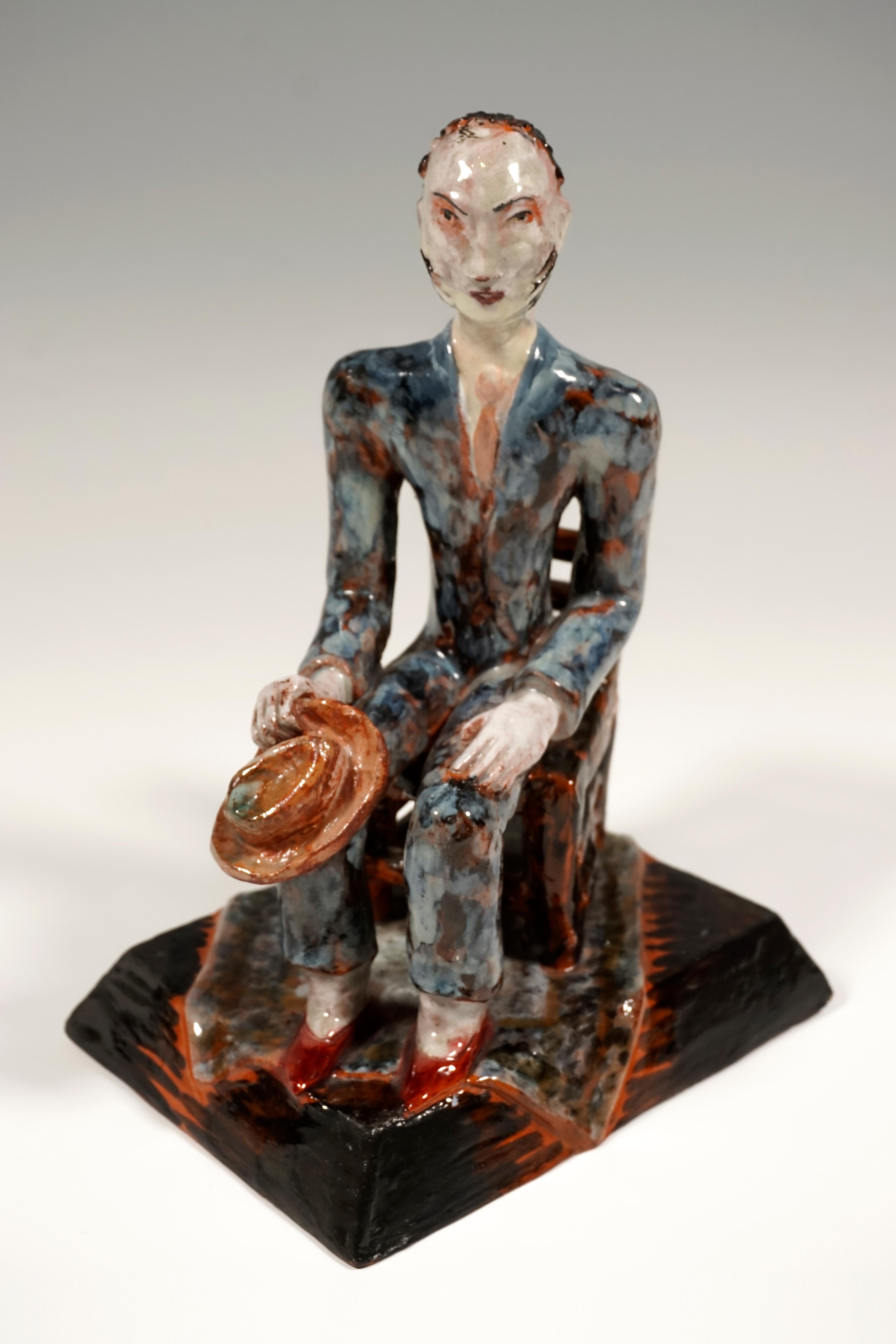 Glazed Wiener Werkstaette Expressive Ceramic Figure 'Man On Chair' by Susi Singer 1927