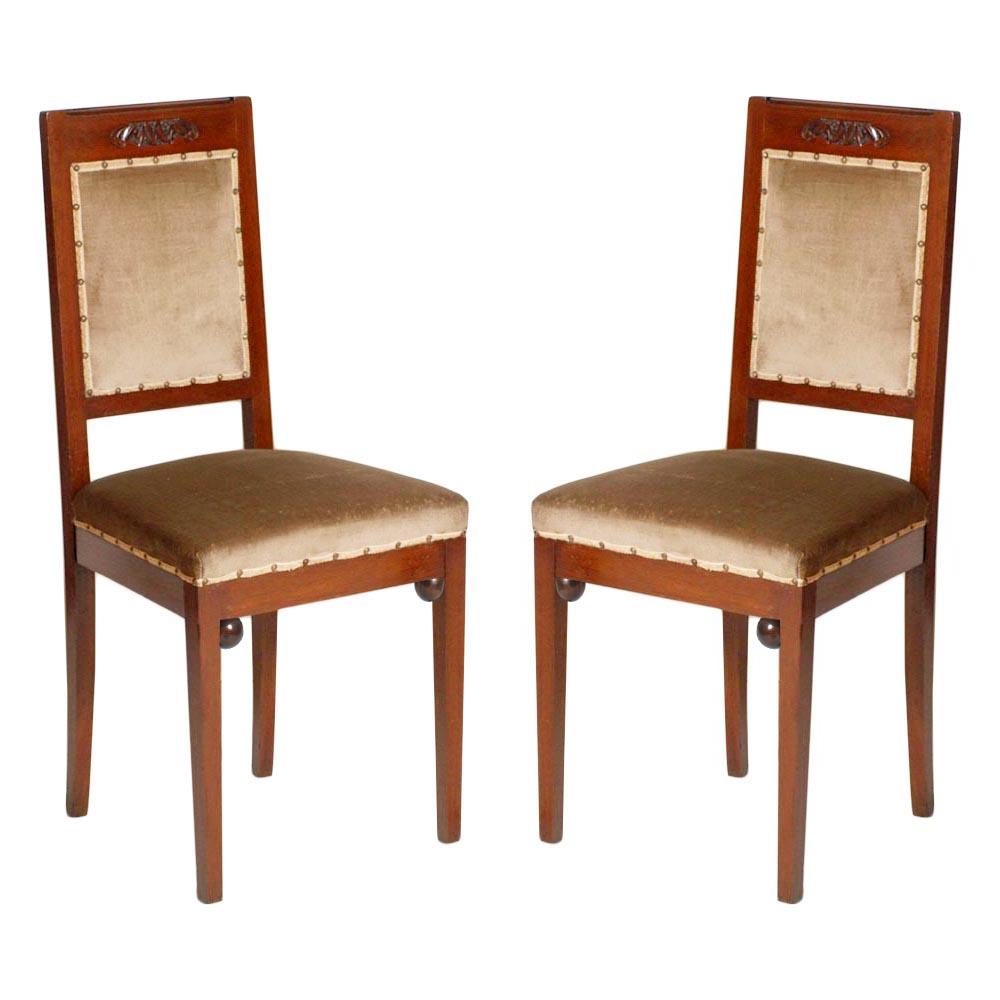 Wiener Werkstätte Modernist Chairs in Walnut, Original Taupe Velvet Upholstery
