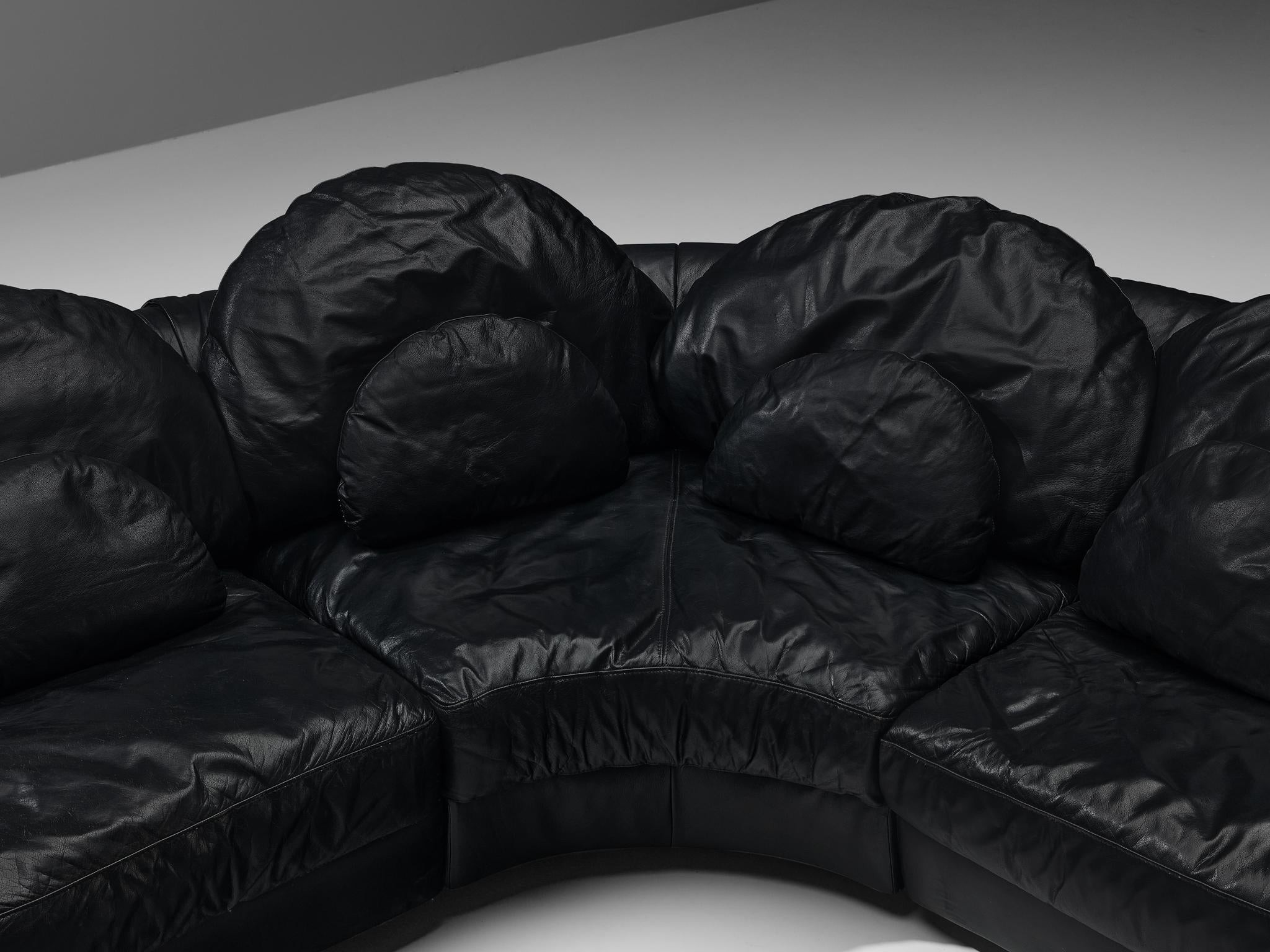 Late 20th Century Organically Shaped Sectional Sofa in Black Leather For Sale