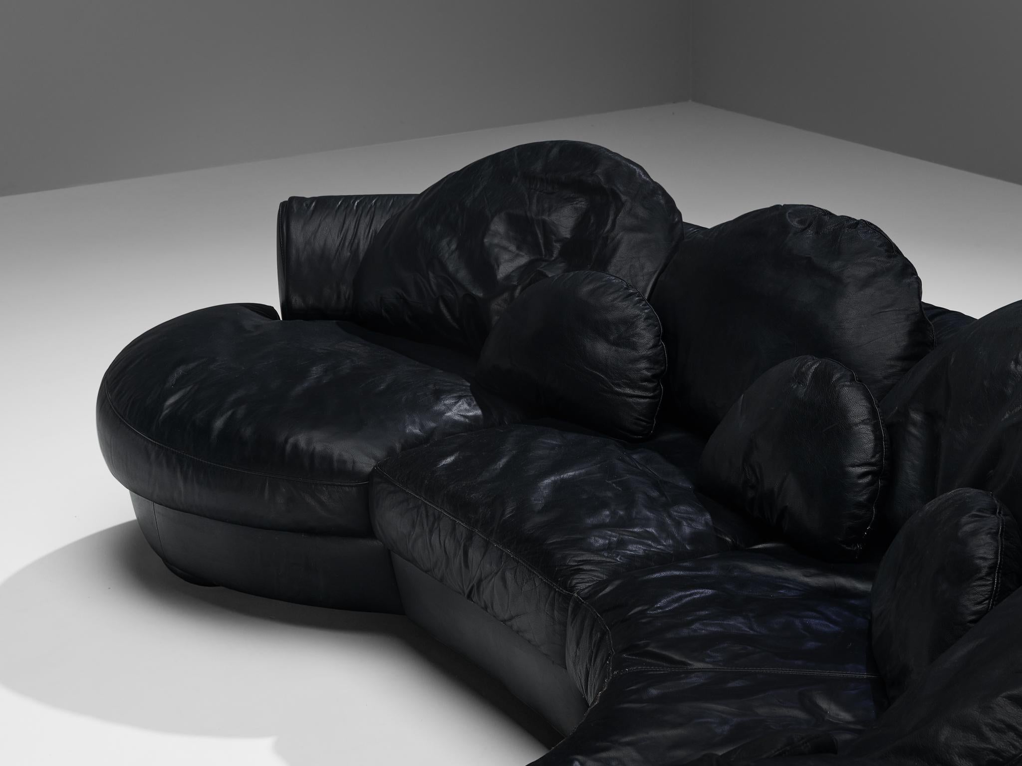 Organically Shaped Sectional Sofa in Black Leather For Sale 1