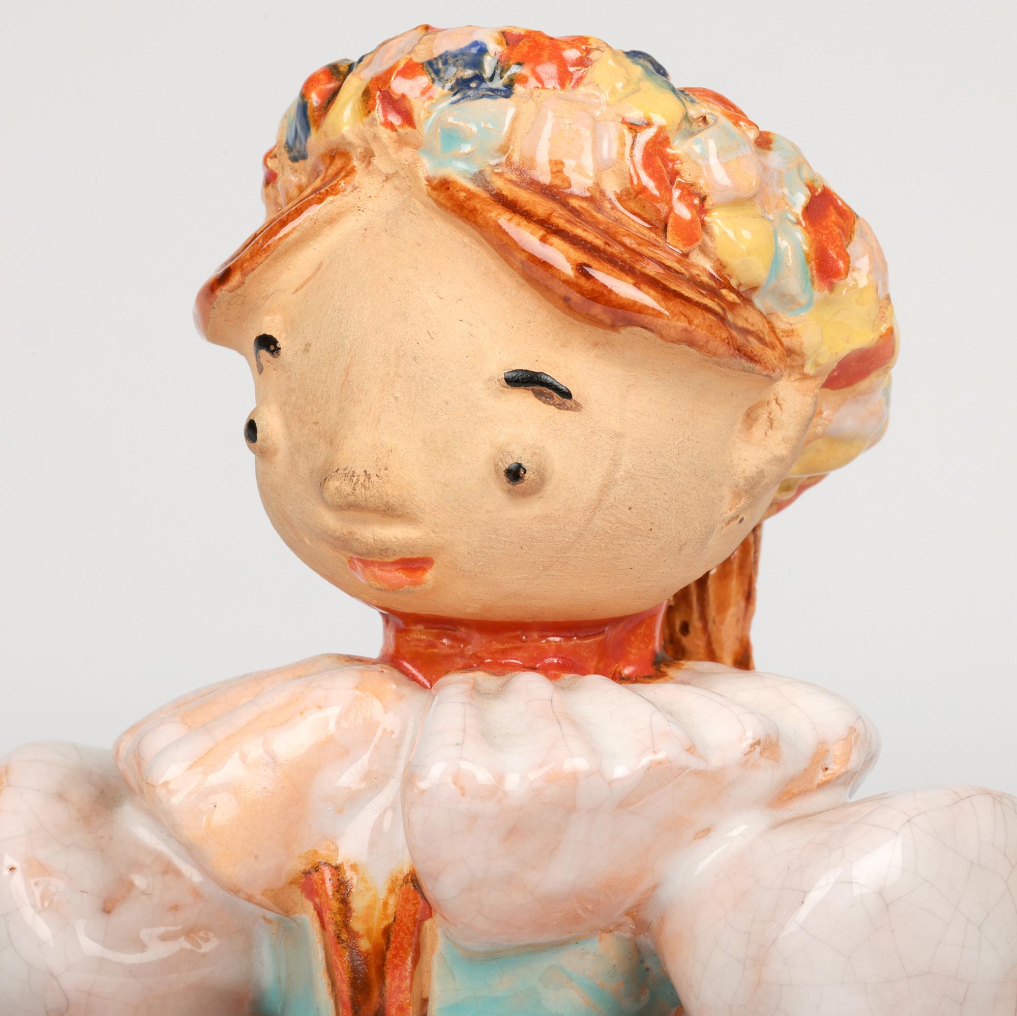 Glazed Wiener Werkstatte Attributed Painted Terracotta Art Pottery Girl Figure For Sale