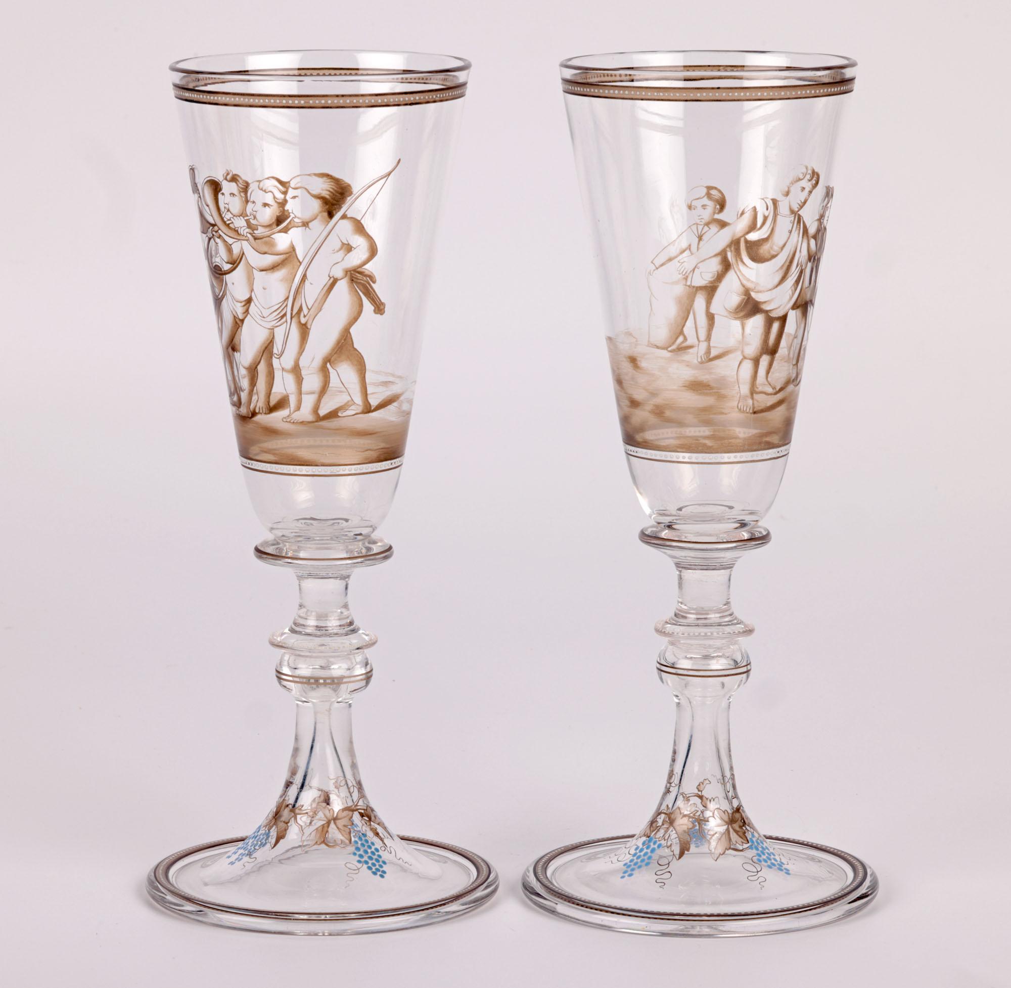 Wiener Werkstatte Attributed Pair Enamelled Glass Goblets For Sale 3