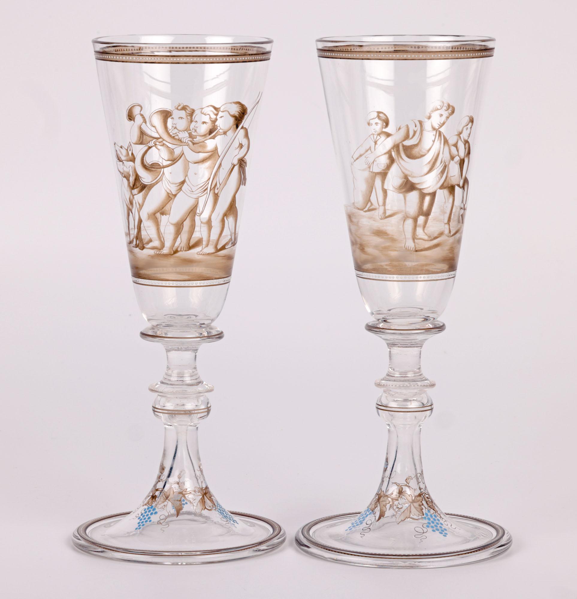 Hand-Crafted Wiener Werkstatte Attributed Pair Enamelled Glass Goblets For Sale