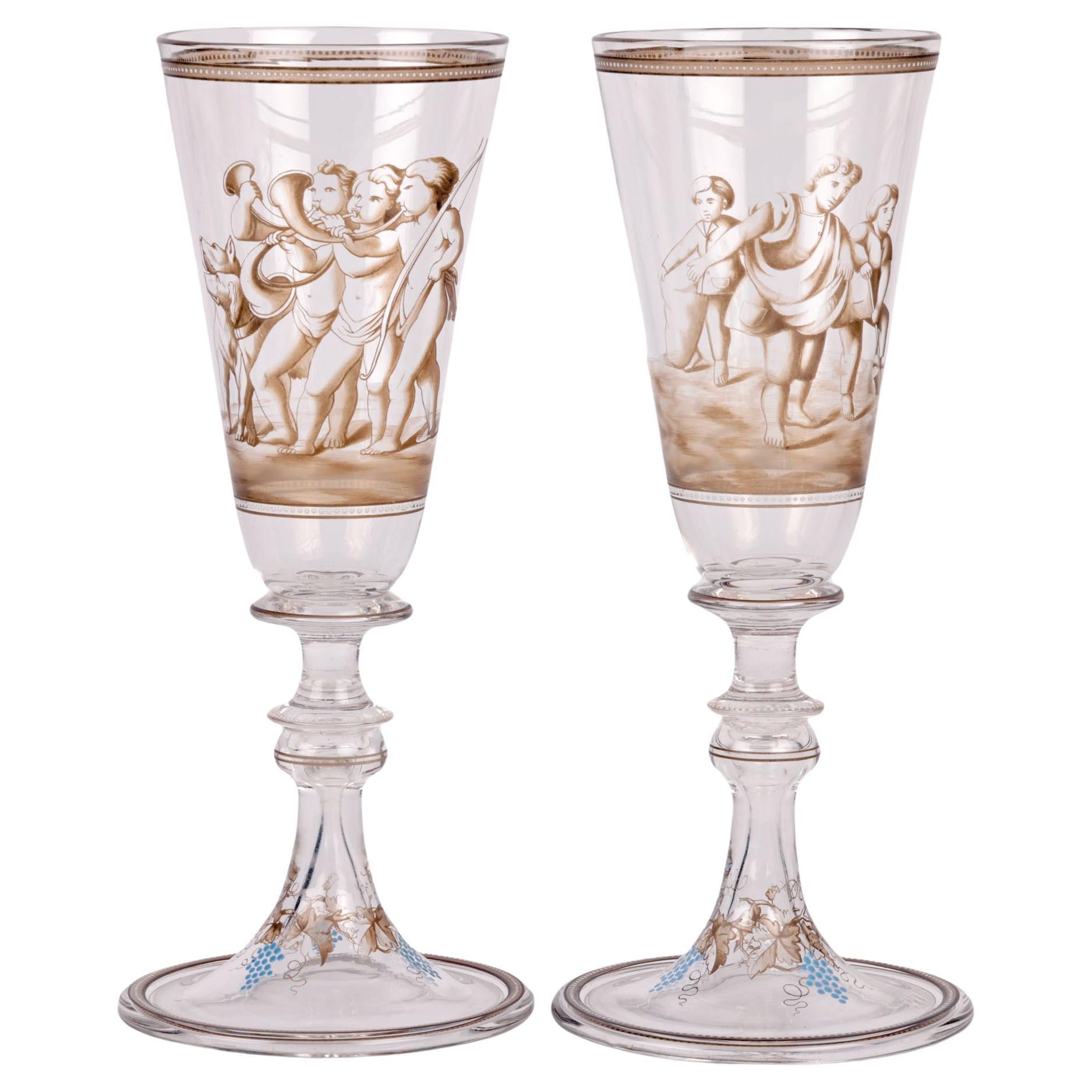 Wiener Werkstatte Attributed Pair Enamelled Glass Goblets For Sale