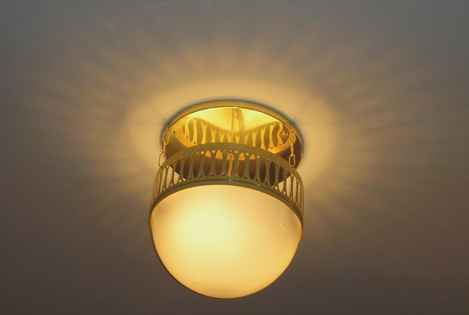 Contemporary Wiener Werkstätte Chandlier Made of Brass and Opaline Glass, Re-Edition For Sale