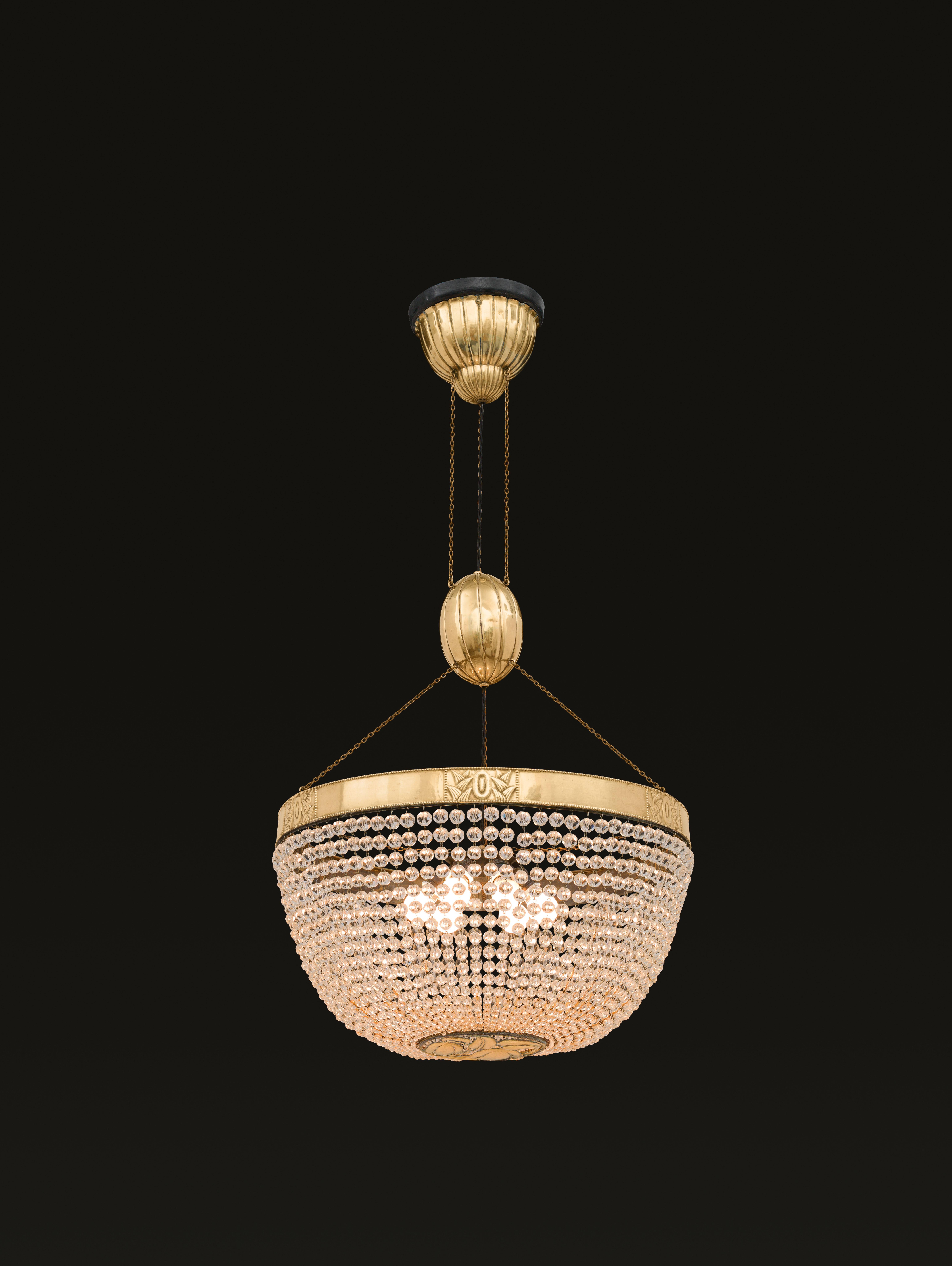 Contemporary Wiener Werkstätte chased brass and glass Chandelier, Edition For Sale