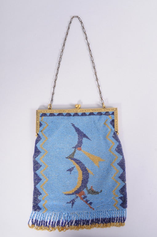 Wiener Werkstatte Graphic Turquoise Blue Beaded Bag with Frame In Excellent Condition For Sale In New Hope, PA