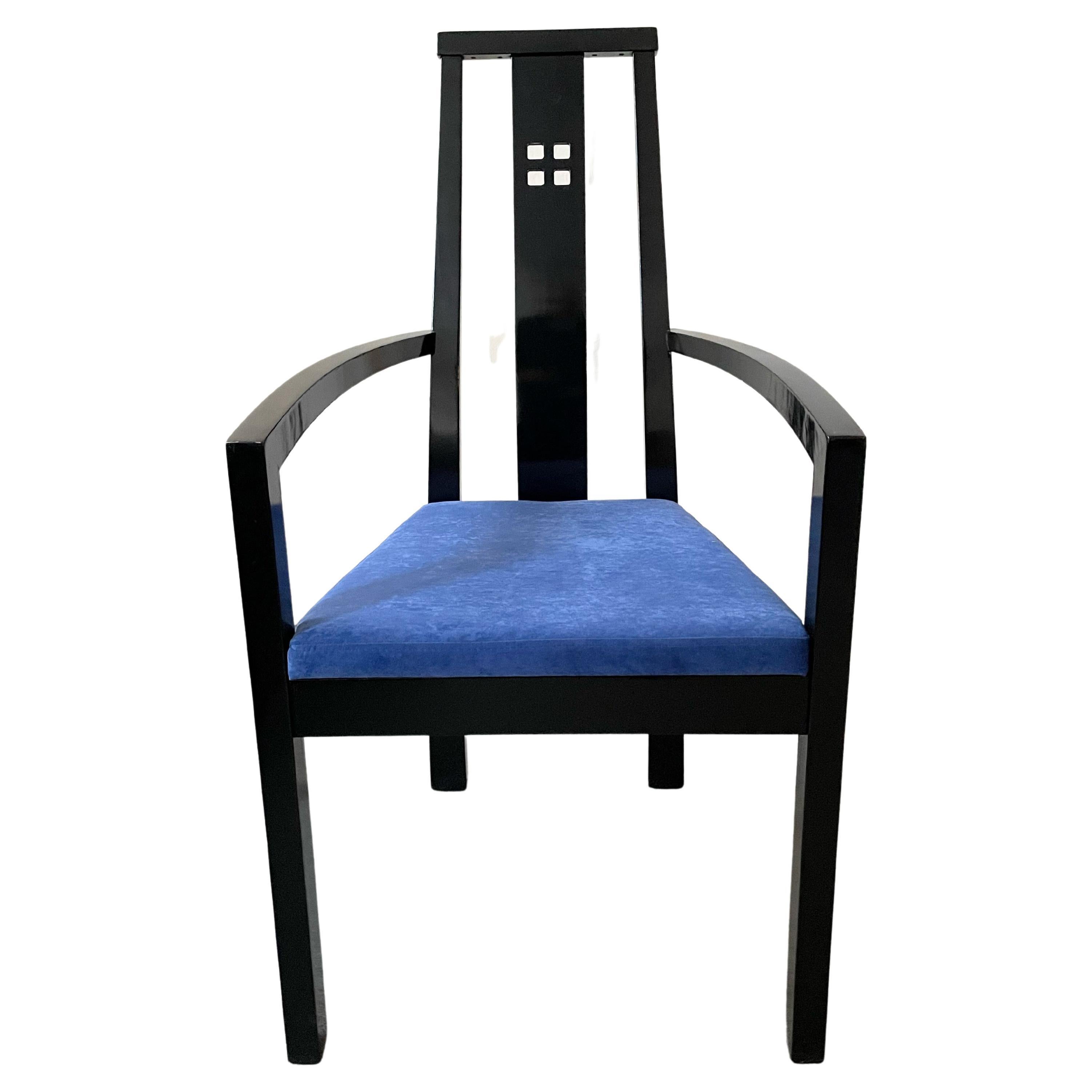 Vintage austrian architectural armchair with lines reminiscent of the Hoffmann and Mackintosh design 676 model chair for Thonet. 
Second half of the 20th century,
 Black lacquered, upholstered seat.