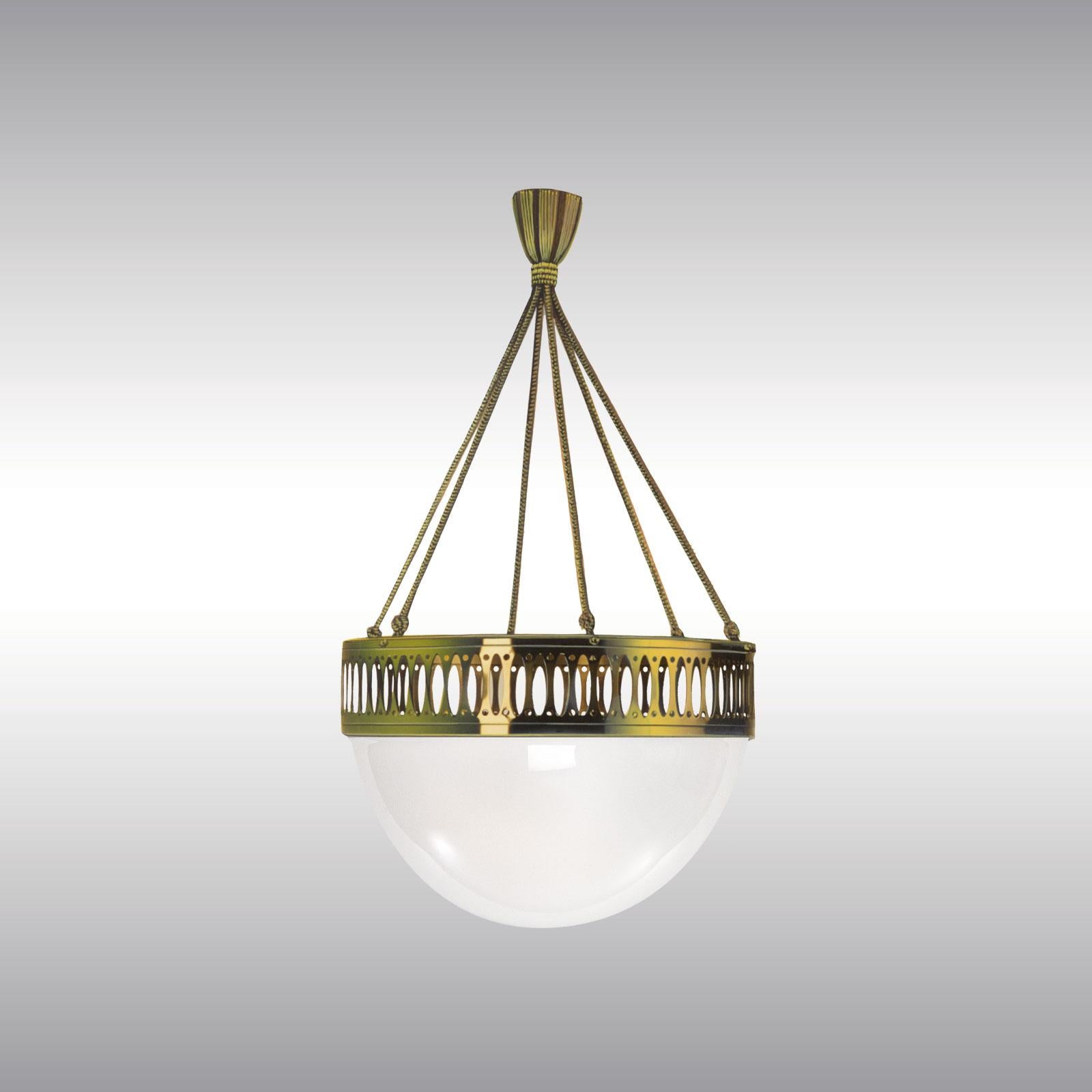 Punched brass-sheet, hand blown opaline glass 35cm or 50 cm in diameter, hanging on passement

Brass, optionally varnished or nickel-plated, all other finishes on request

Most  components according to the UL regulations, with an additional charge
