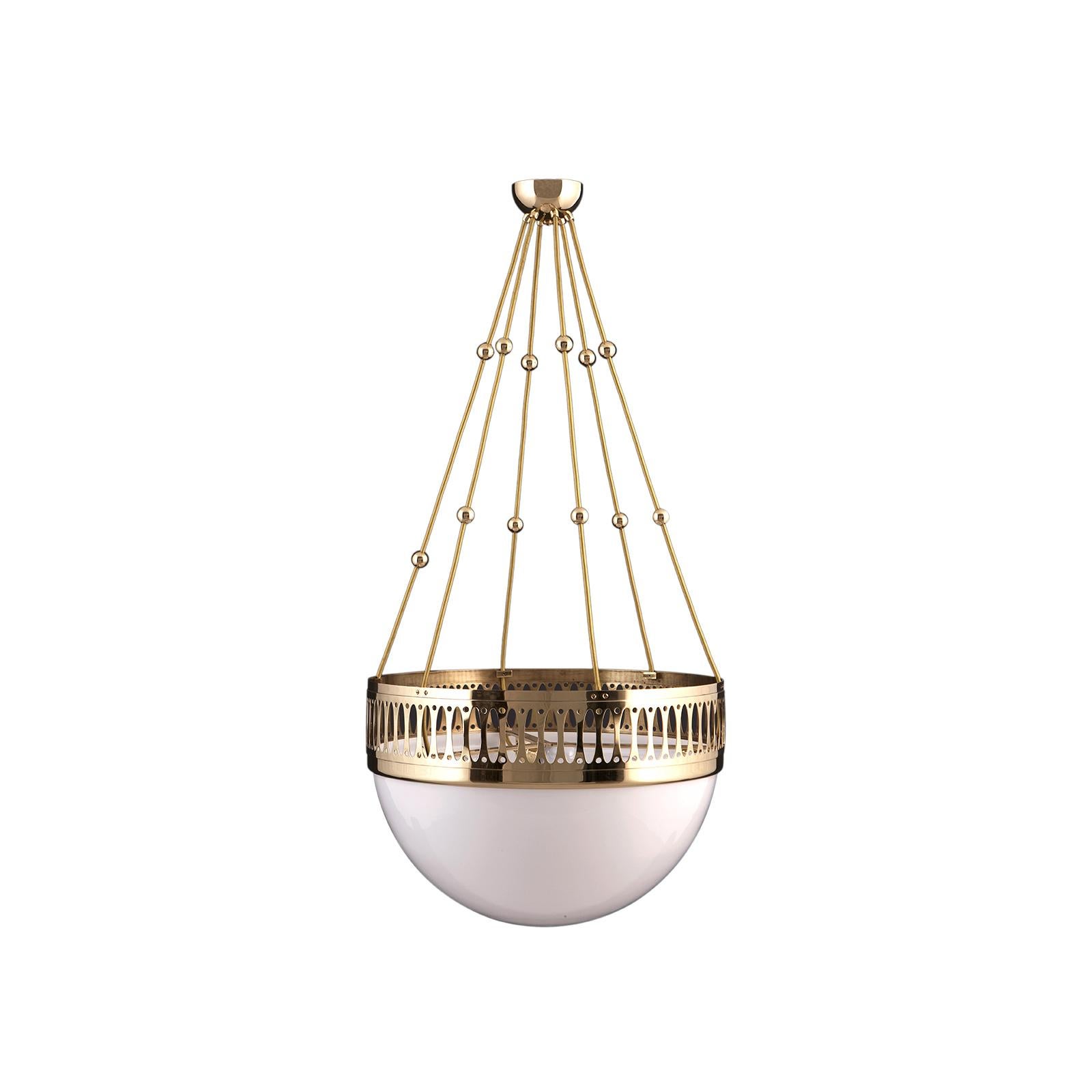 Wiener Werkstätte Opaline Glass and Posamentery Chandelier Re-Edition In New Condition For Sale In Vienna, AT