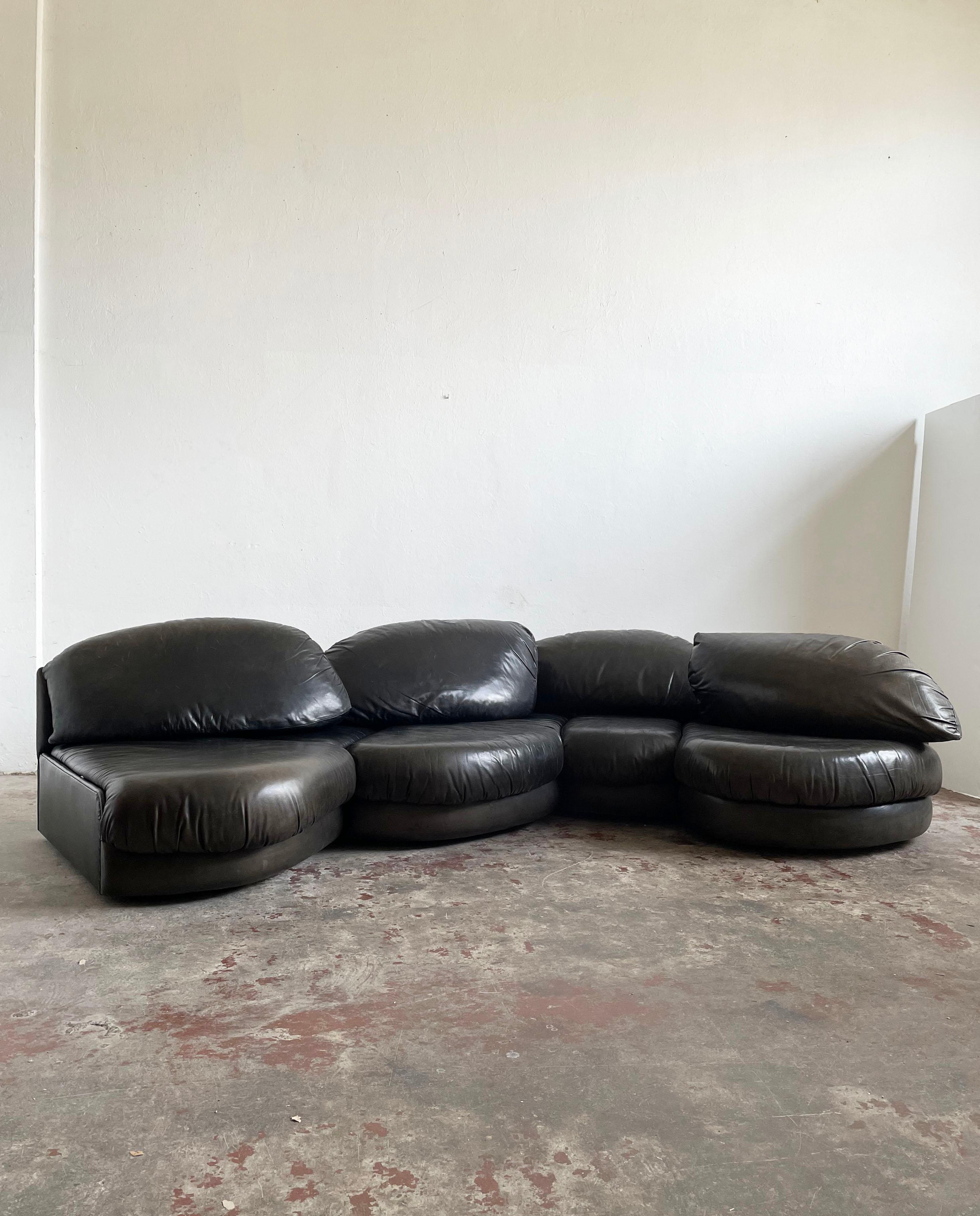 Wiener Werkstätte Organic Shape Sectional Sofa, Black Leather, Austria, 1970s In Good Condition In Zagreb, HR