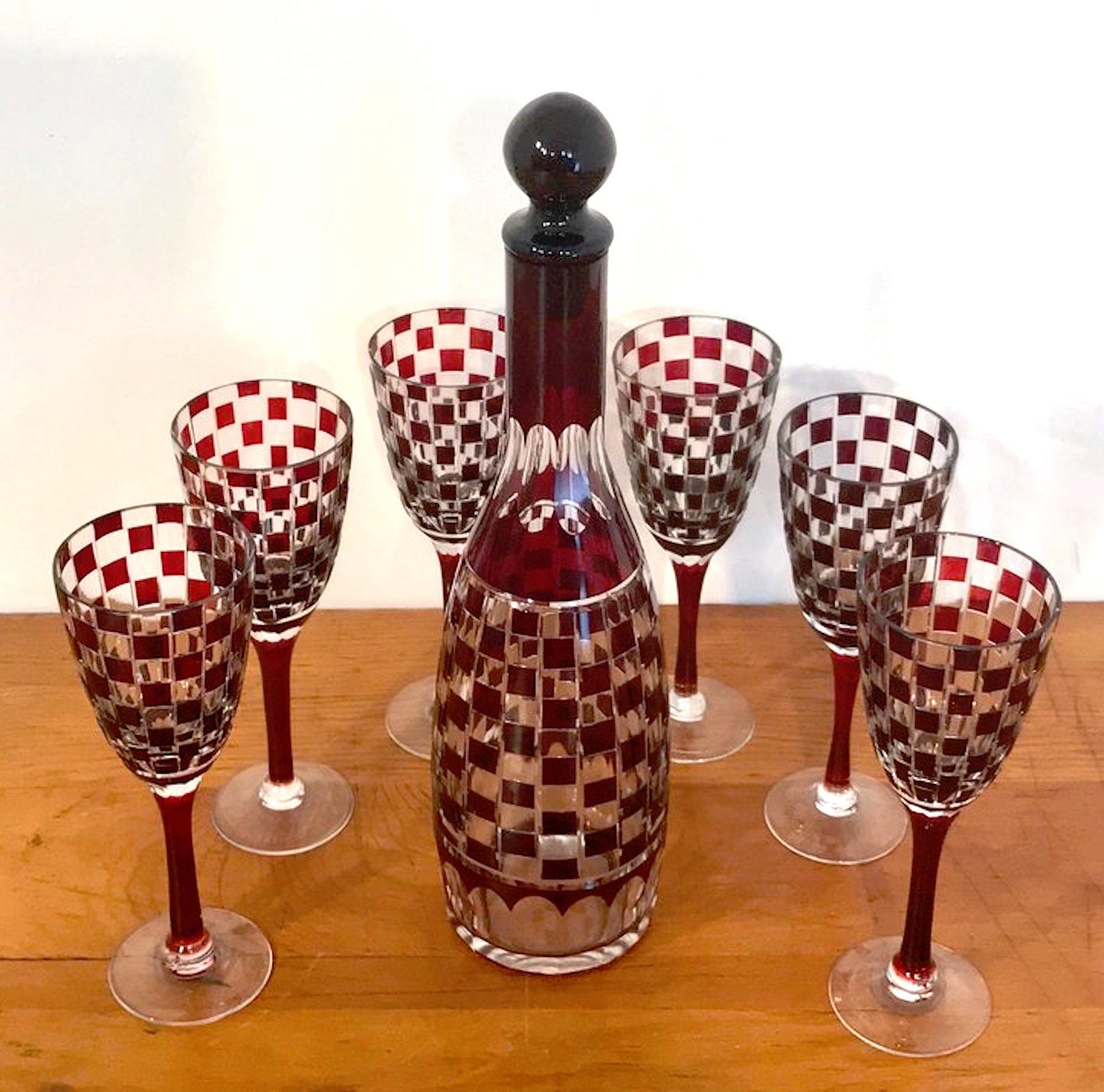 Wiener Werkstätte - Otto Prutscher style red cut to clear decanter set, consisting of a 13