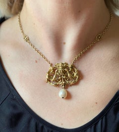 Wiese French Art Nouveau Gold Pearl Pendant Necklace
