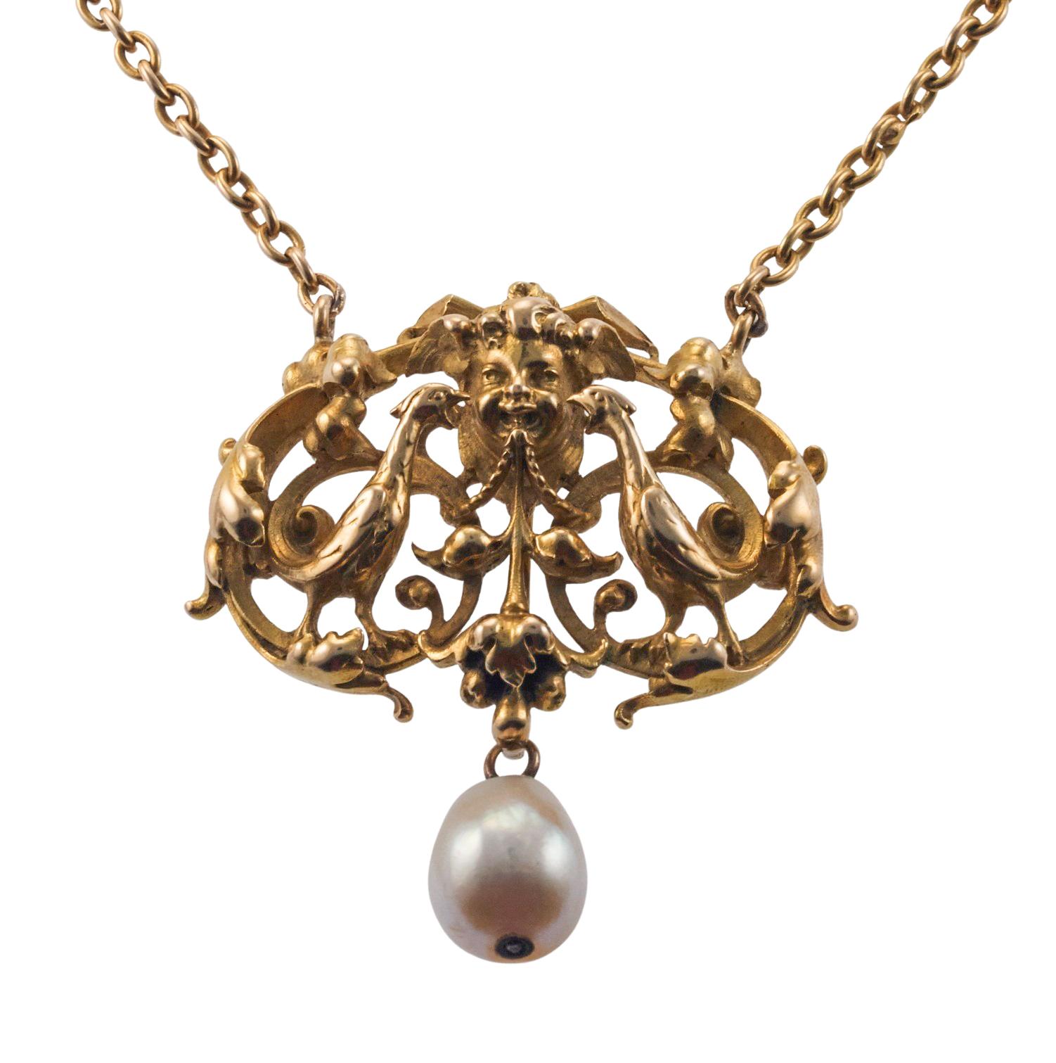 Oval Cut Wiese French Art Nouveau Gold Pearl Pendant Necklace For Sale