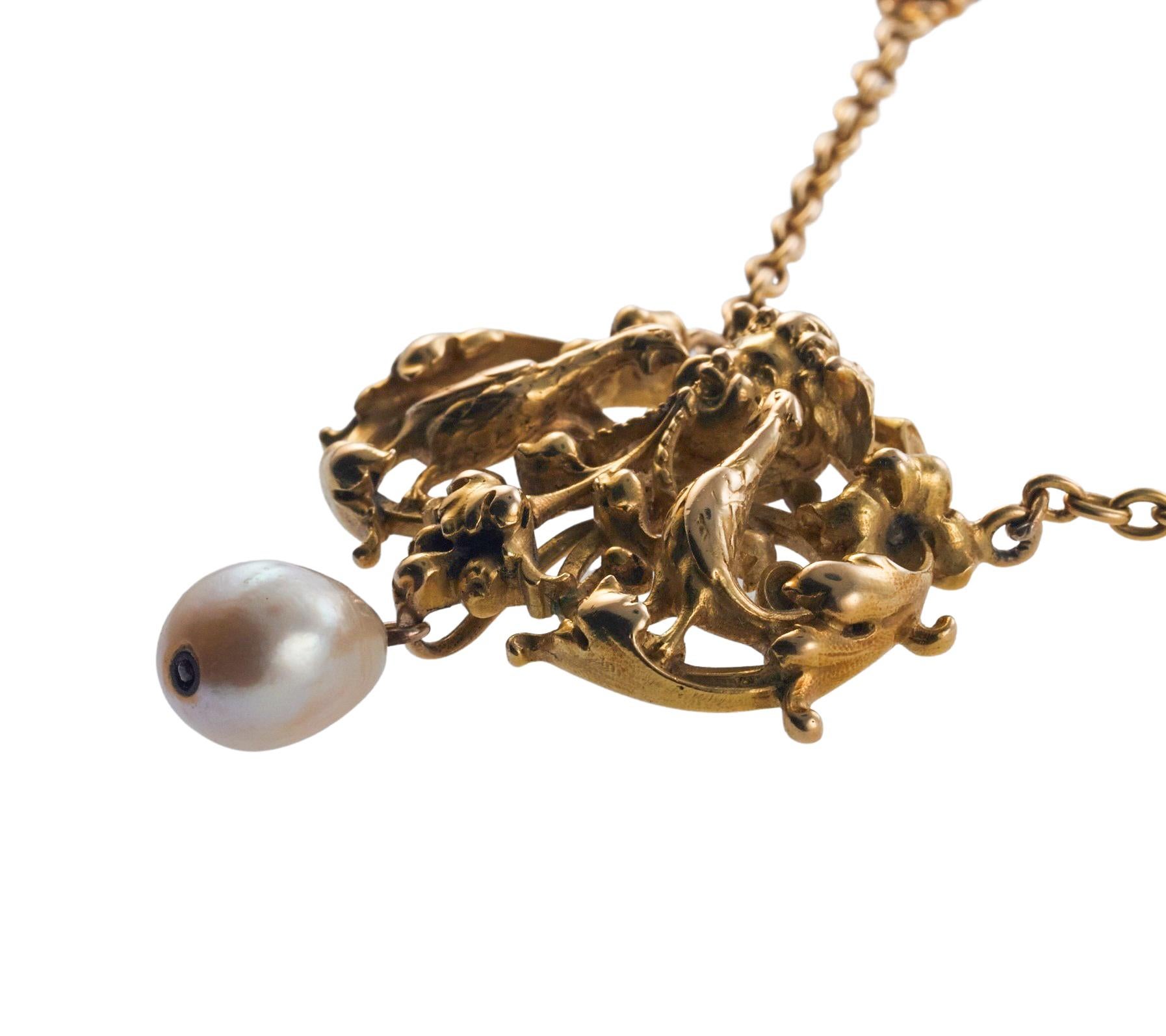 Wiese French Art Nouveau Gold Pearl Pendant Necklace For Sale 1
