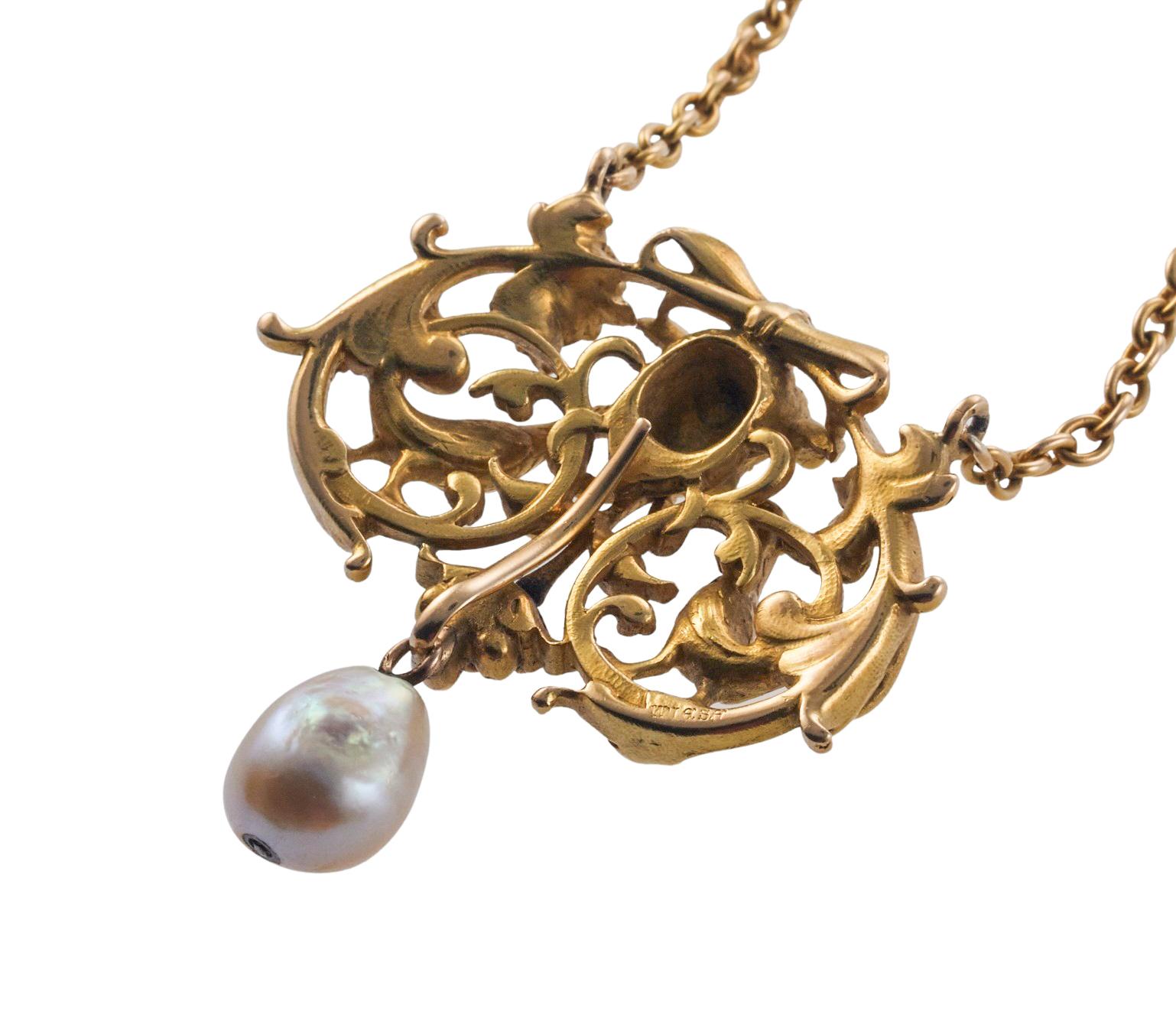 Wiese French Art Nouveau Gold Pearl Pendant Necklace For Sale 3