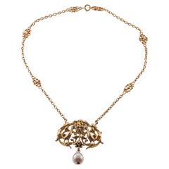 Wiese French Art Nouveau Gold Pearl Pendant Necklace