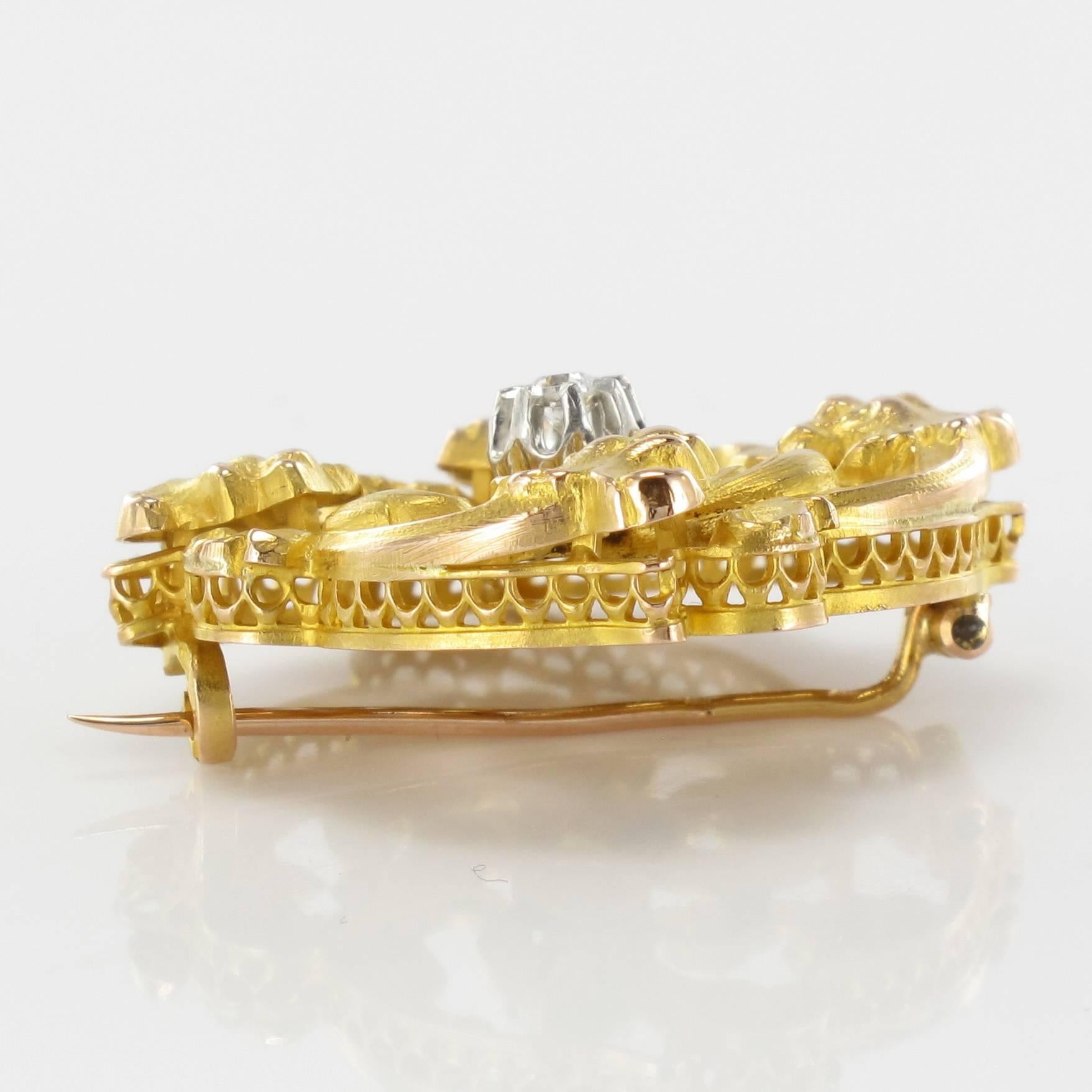 Wiese Spirit French Art Nouveau Yellow Gold Diamond Brooch In Good Condition For Sale In Poitiers, FR