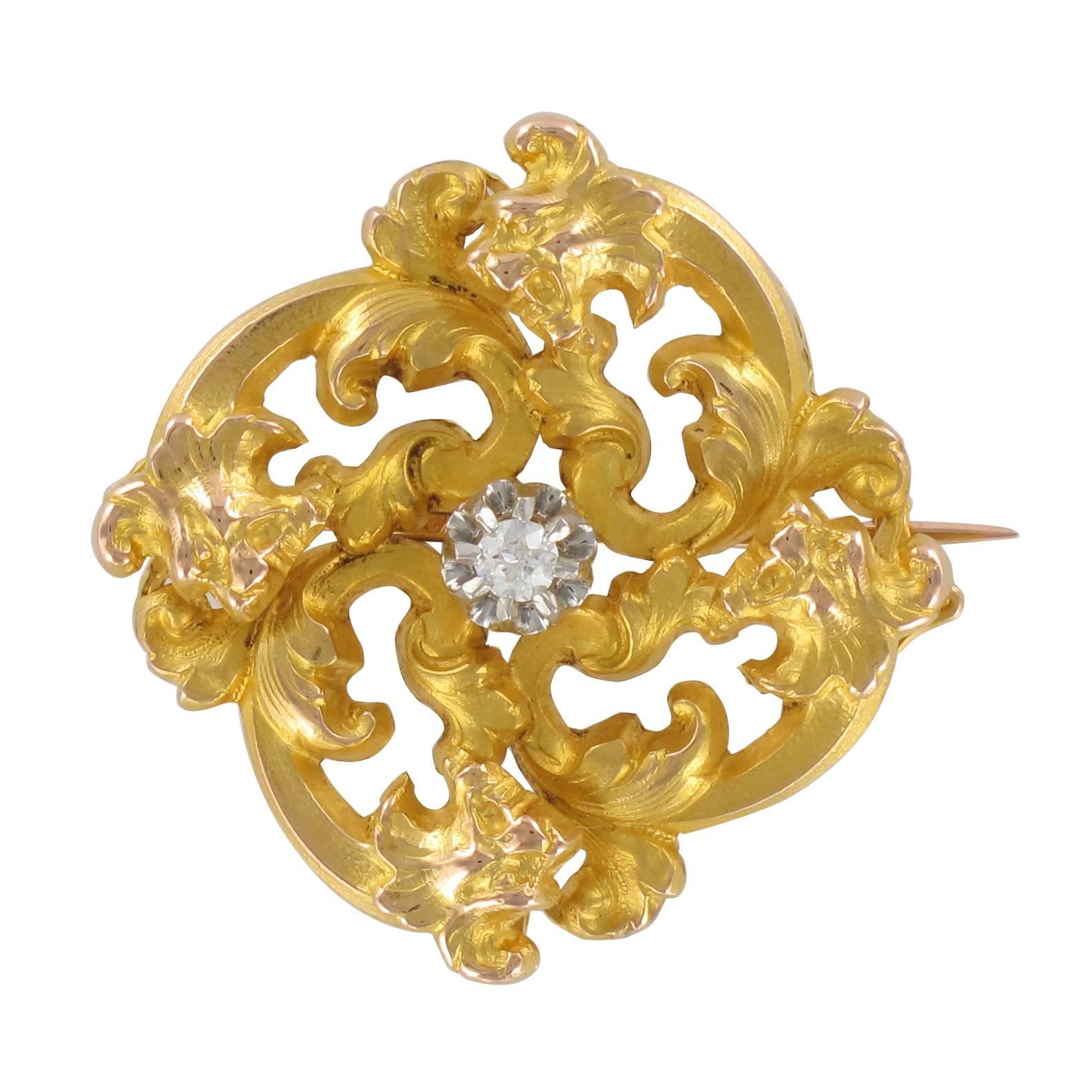 Wiese Spirit French Art Nouveau Yellow Gold Diamond Brooch