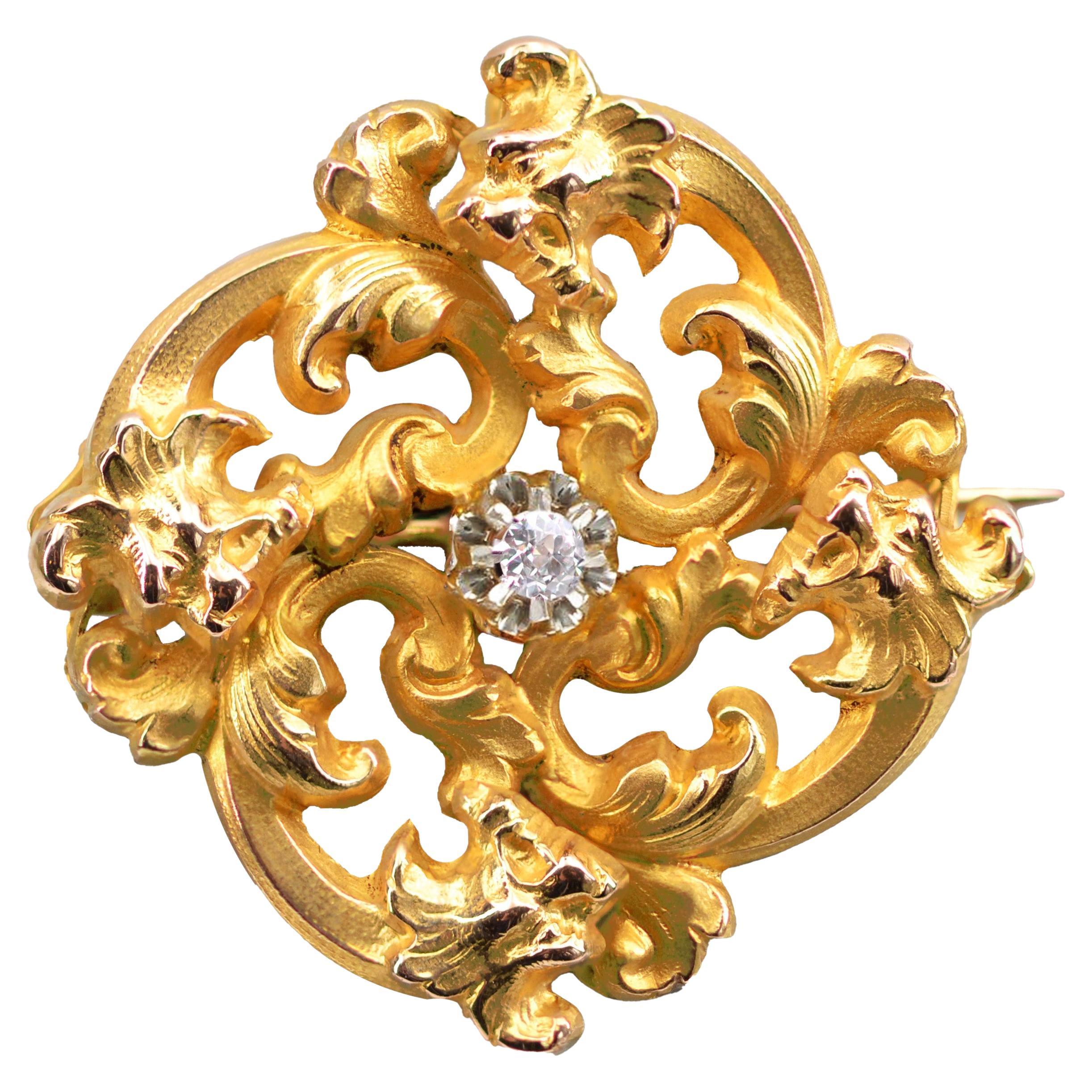 Wiese Spirit French Art Nouveau Yellow Gold Diamond Brooch For Sale