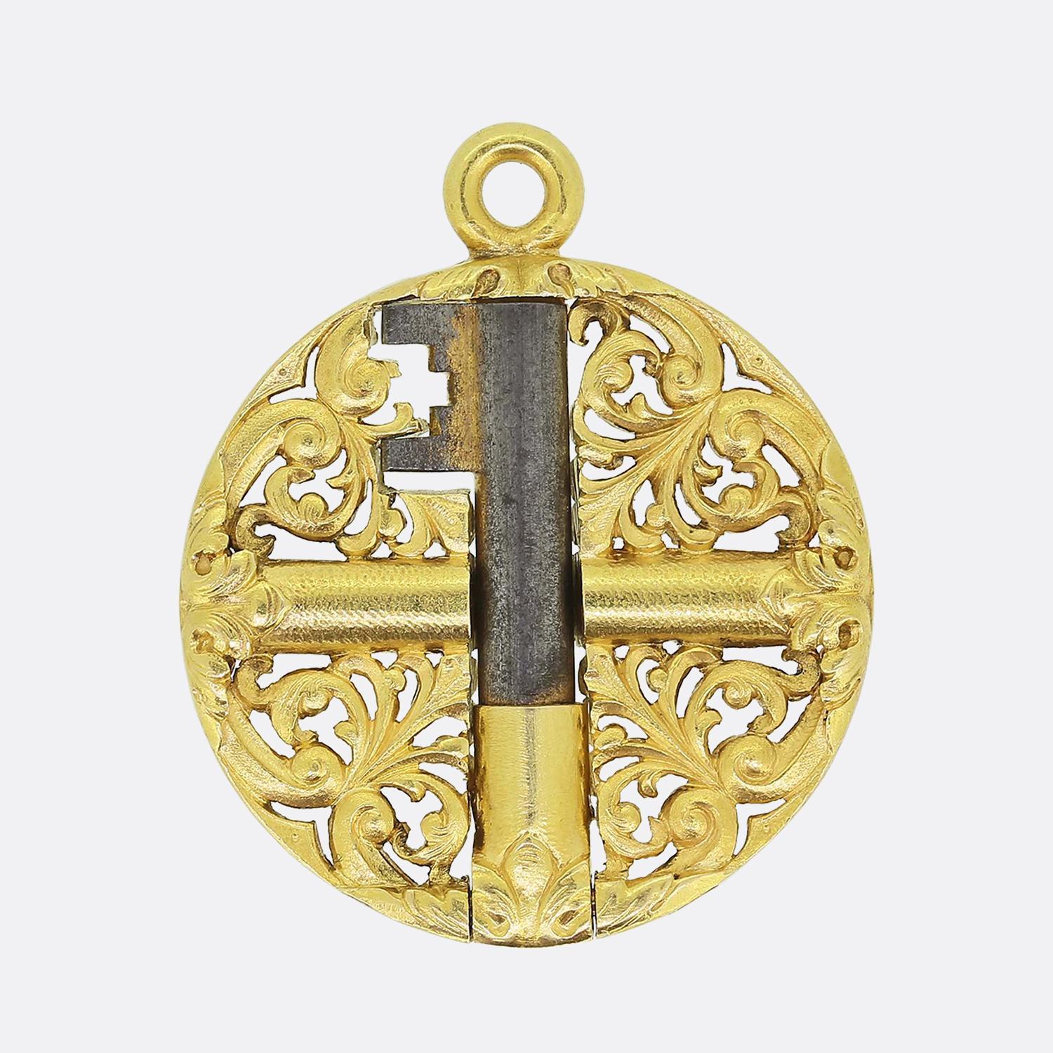 Here we have a marvellous creation taken from the Victorian period. This antique piece has been crafted from a rich 18ct yellow gold into the form of a watch key; a tool used as a mechanical winder on any spring driven device. However, this
