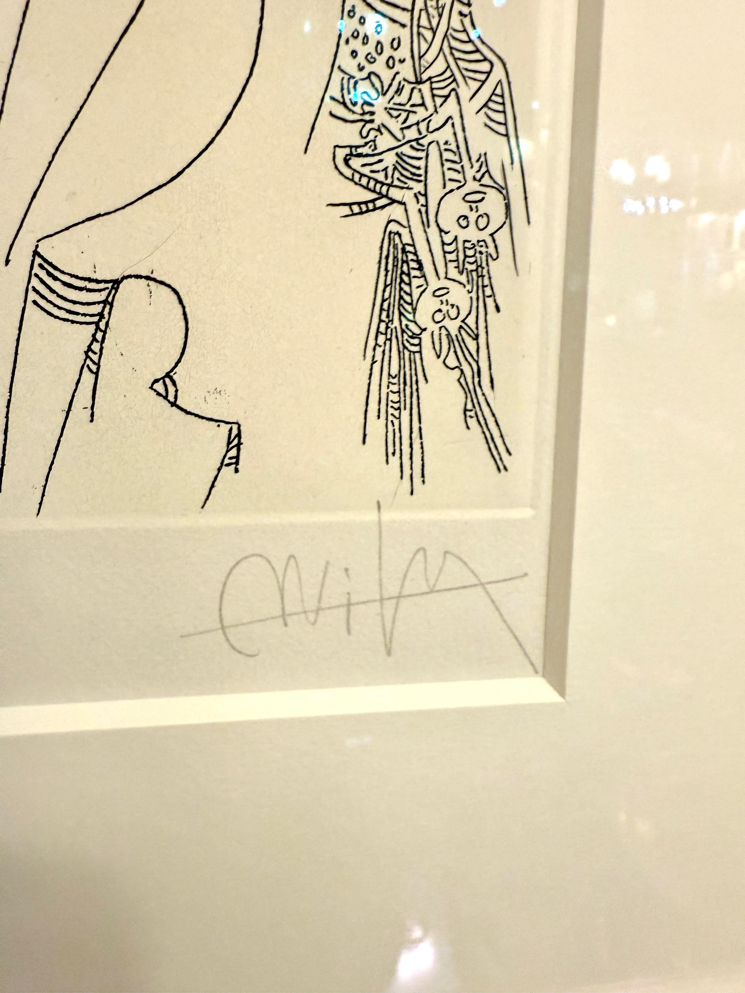 Carta Wifredo Lam ha incorniciato un'acquaforte originale + matita firmata - Senza titolo in vendita